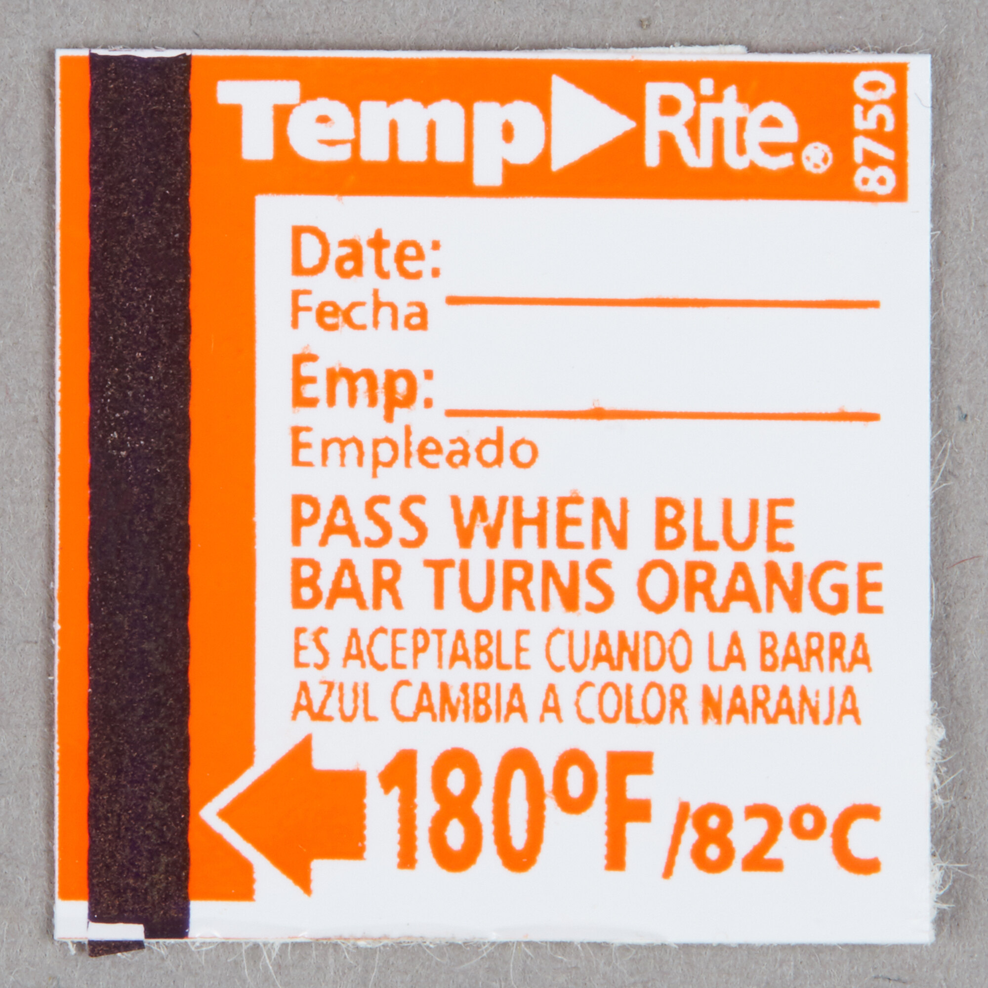 Taylor 8750 TempRite Single Use Dishwasher 180 Degrees F Test Label