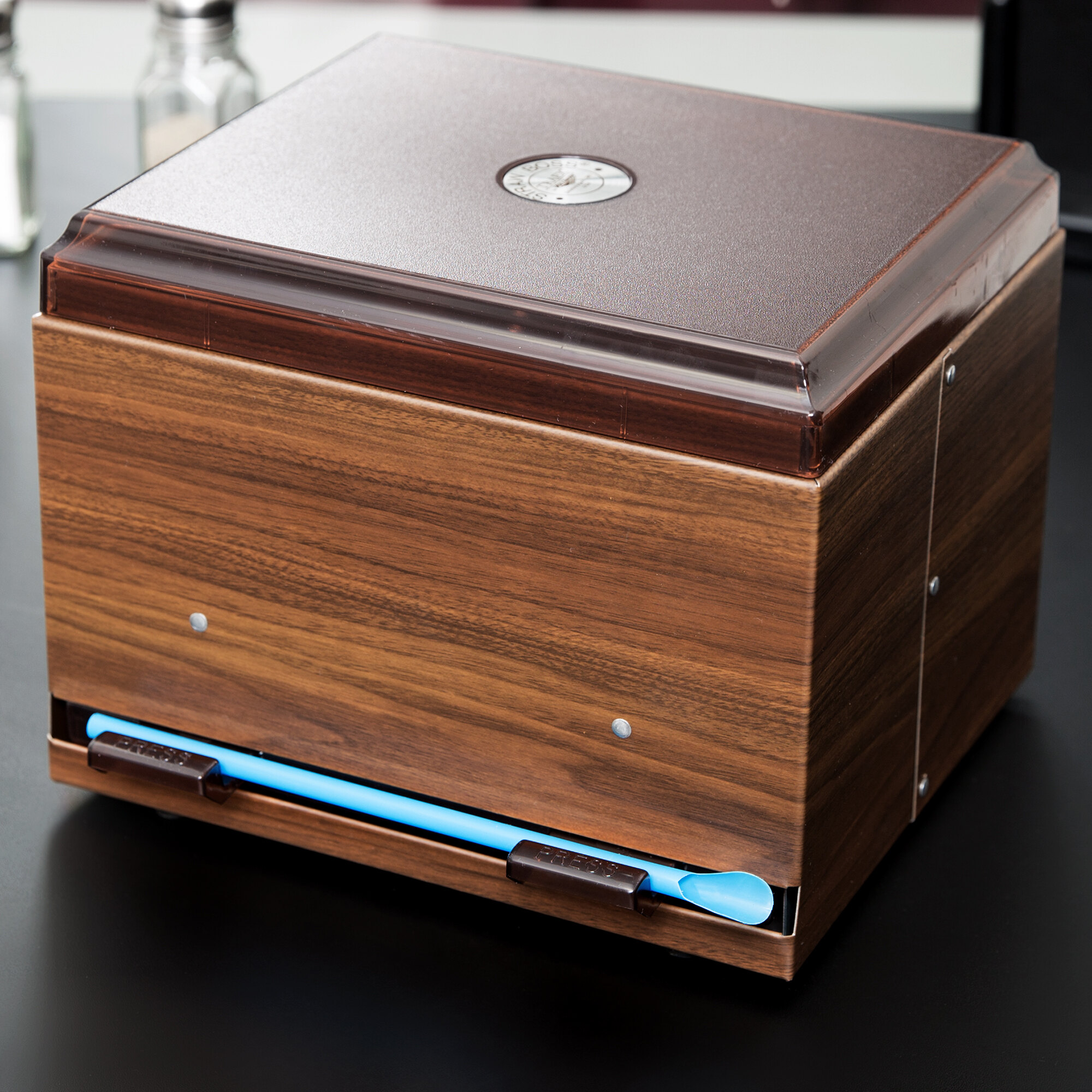 Vollrath 380212 Straw Boss Double Sided Bulk Unwrapped Straw Dispenser Dark Walnut Woodgrain