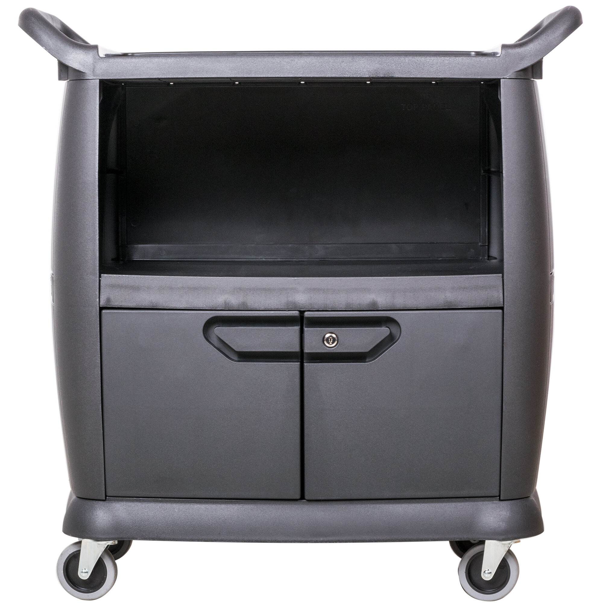 Carlisle CC2036DP03 3 Shelf Black Utility / Bus Cart with Doors and
