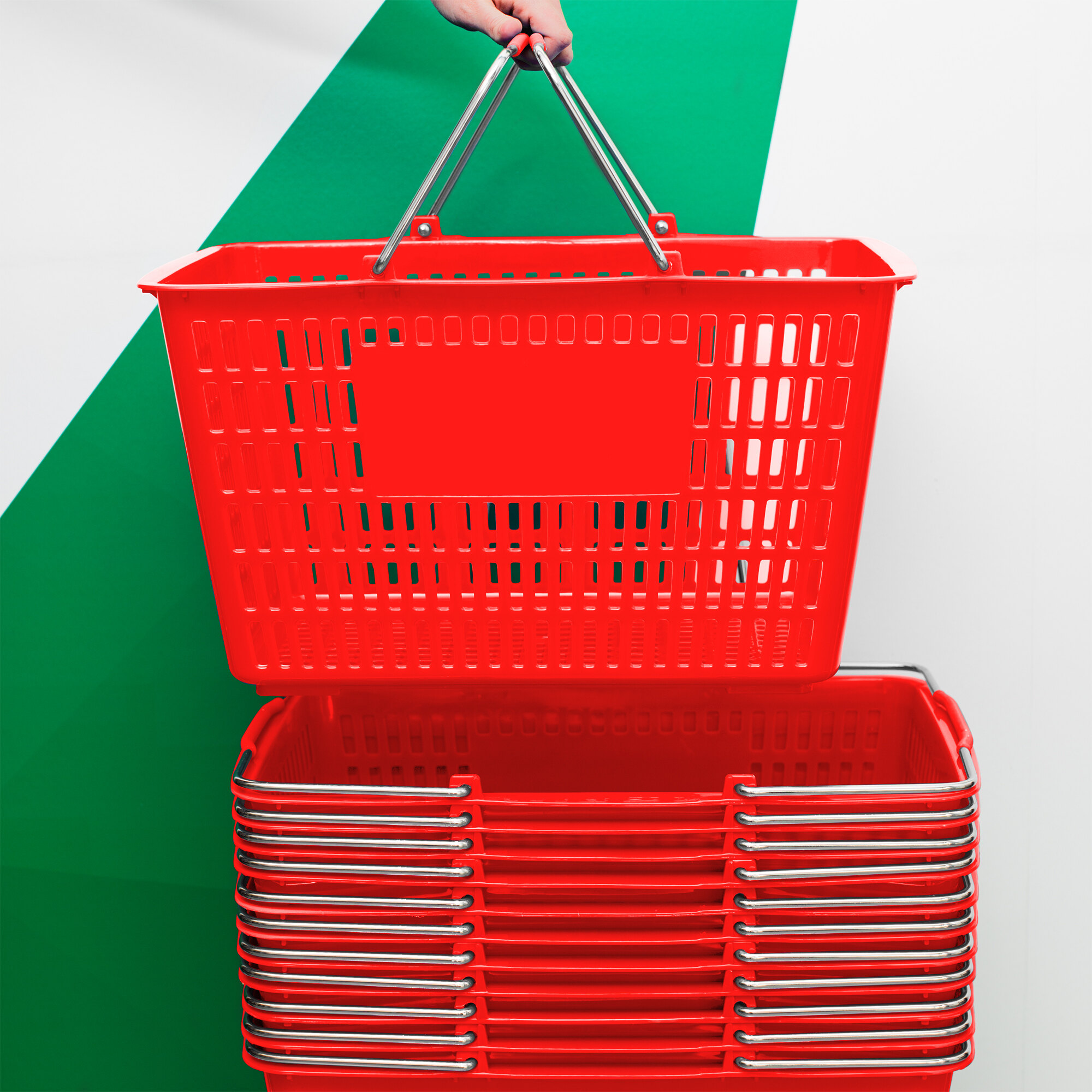 Red 17 1/4" x 11" Plastic Grocery Market Shopping Basket Set with Stand