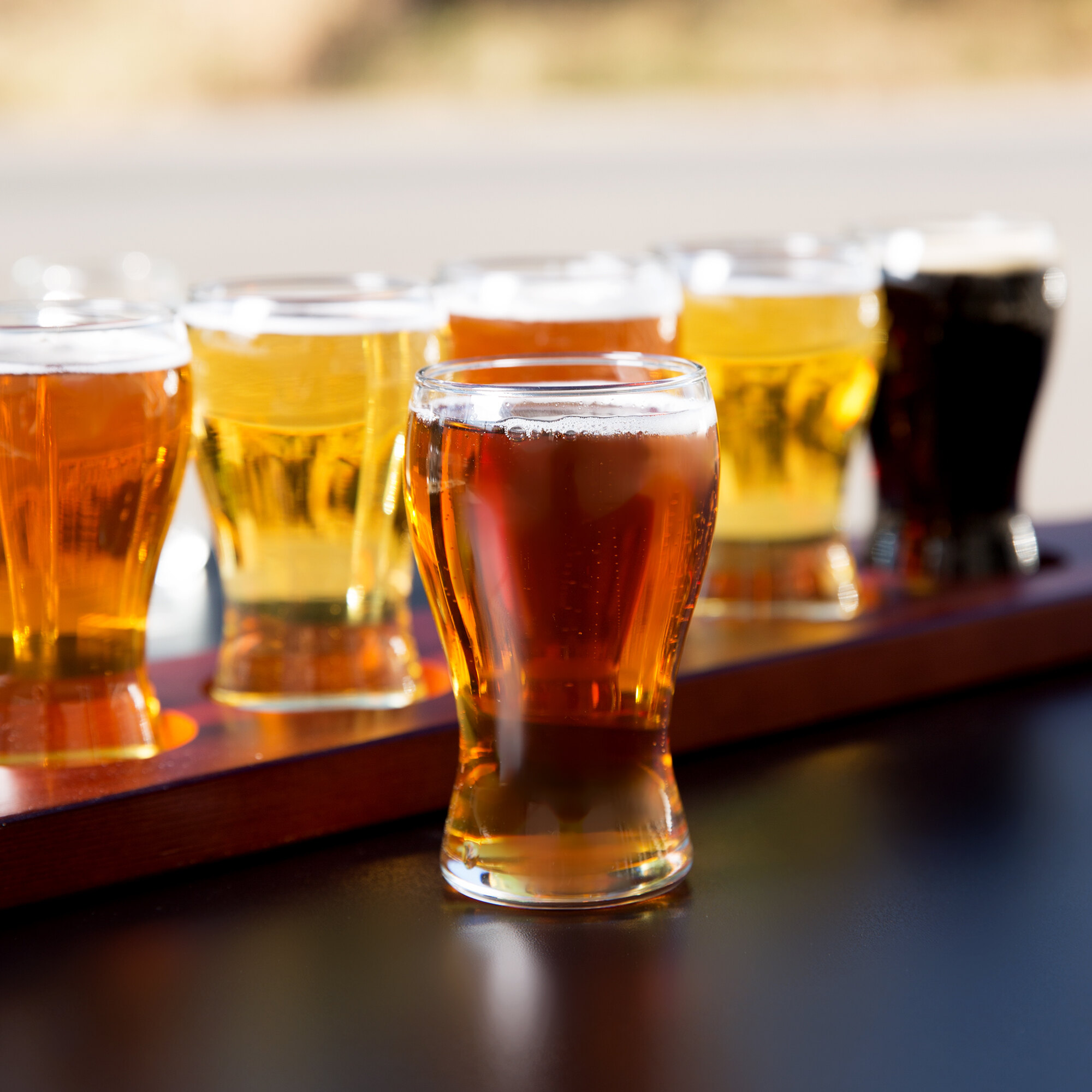 Libbey Mini Pub Glass Beer Flight Set 6 Glasses with Red Brown Paddle