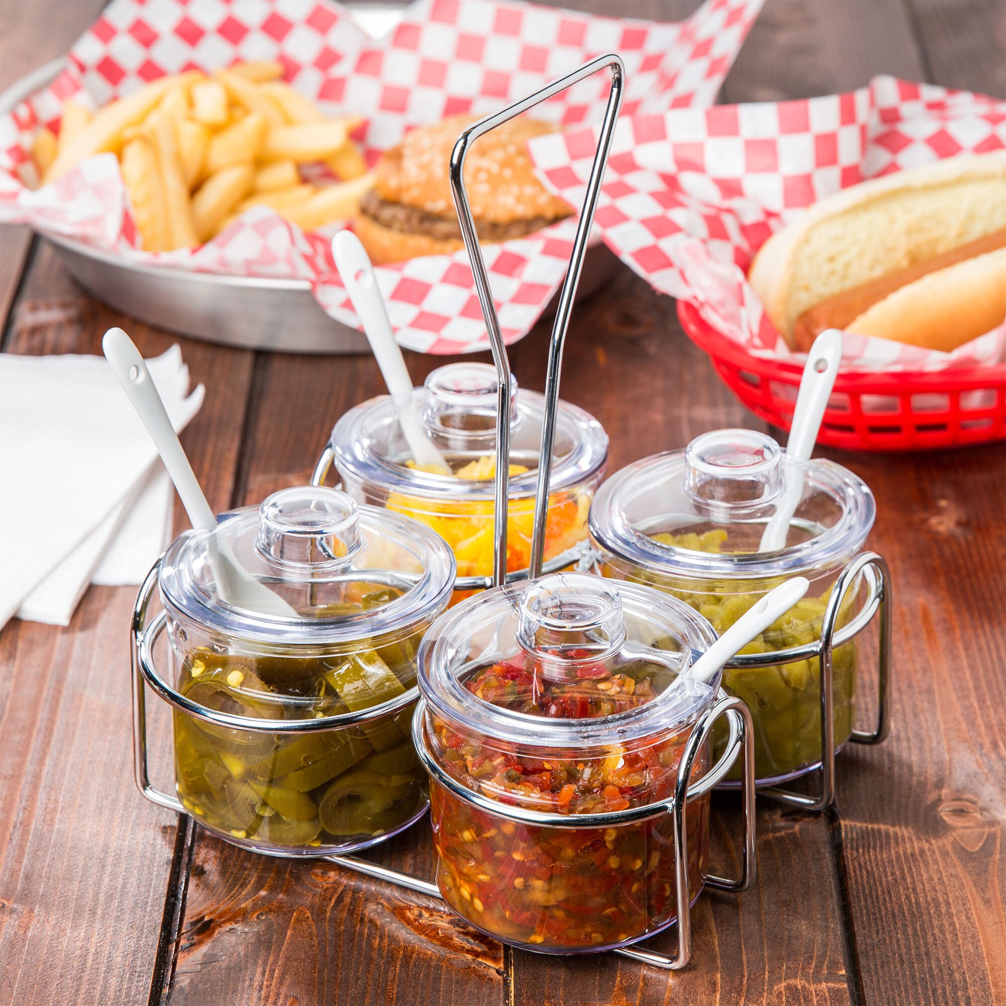 4 Compartment Wire Condiment Caddy with 7 oz. Clear Plastic Jars and Lids