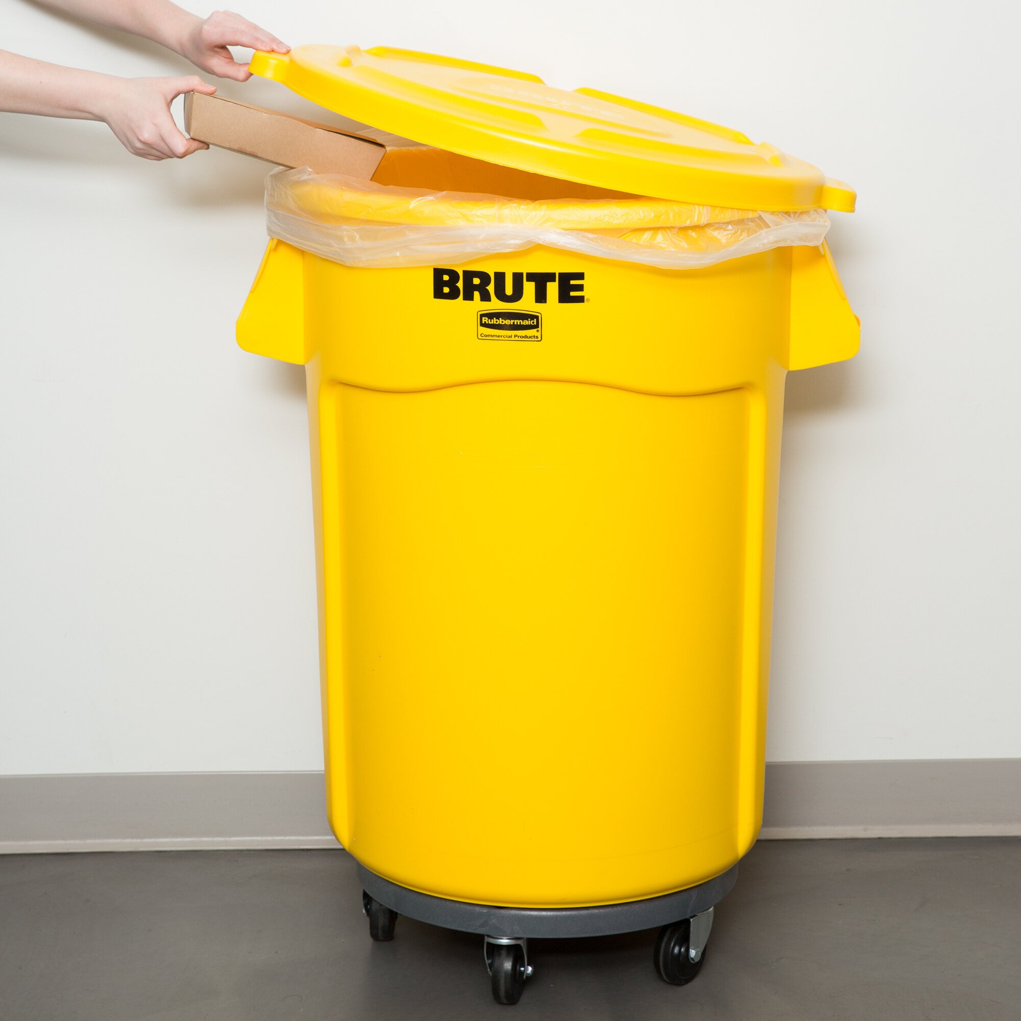 Rubbermaid BRUTE 44 Gallon Yellow Round Trash Can with Lid and Dolly