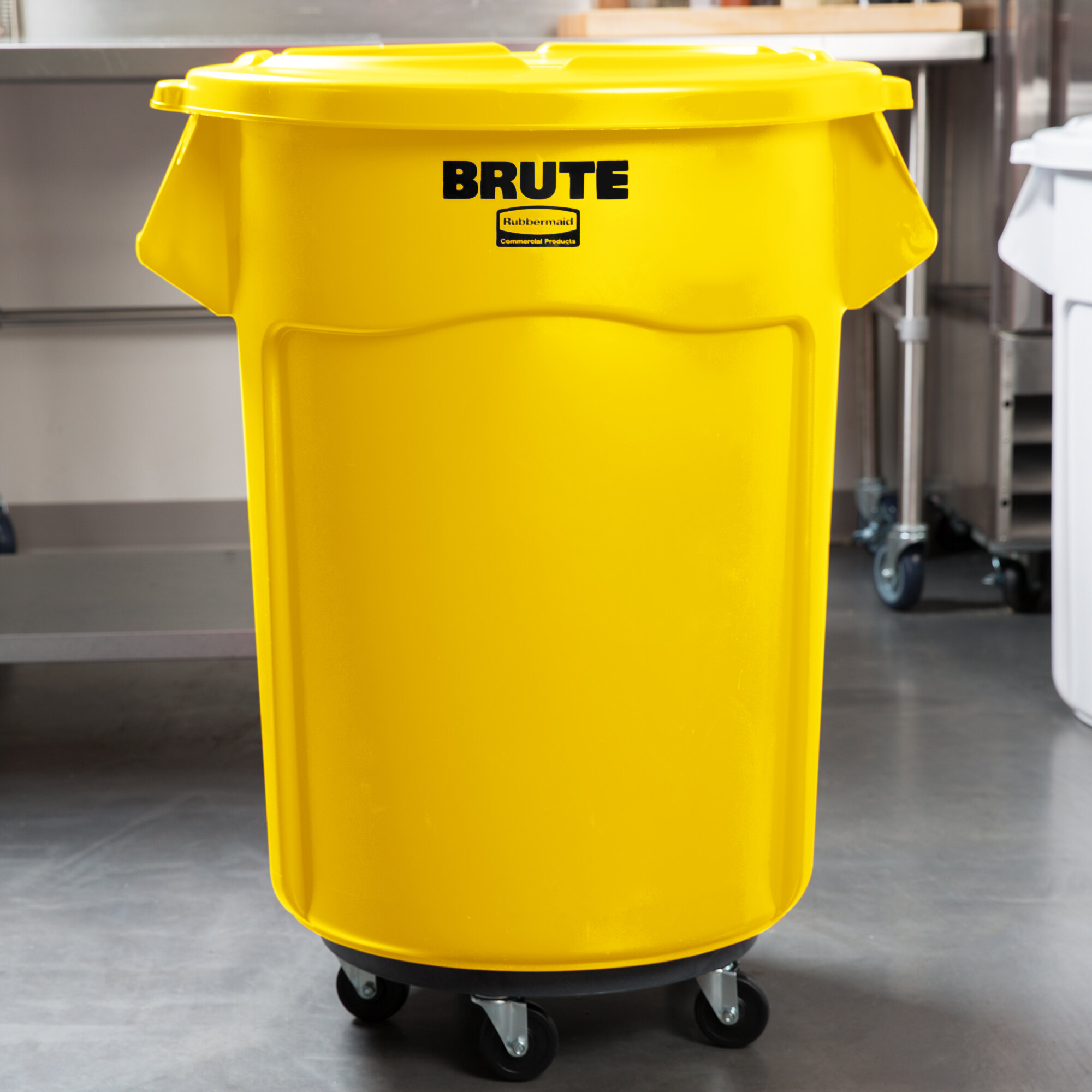 Rubbermaid BRUTE 55 Gallon Yellow Round Trash Can with Lid and Dolly