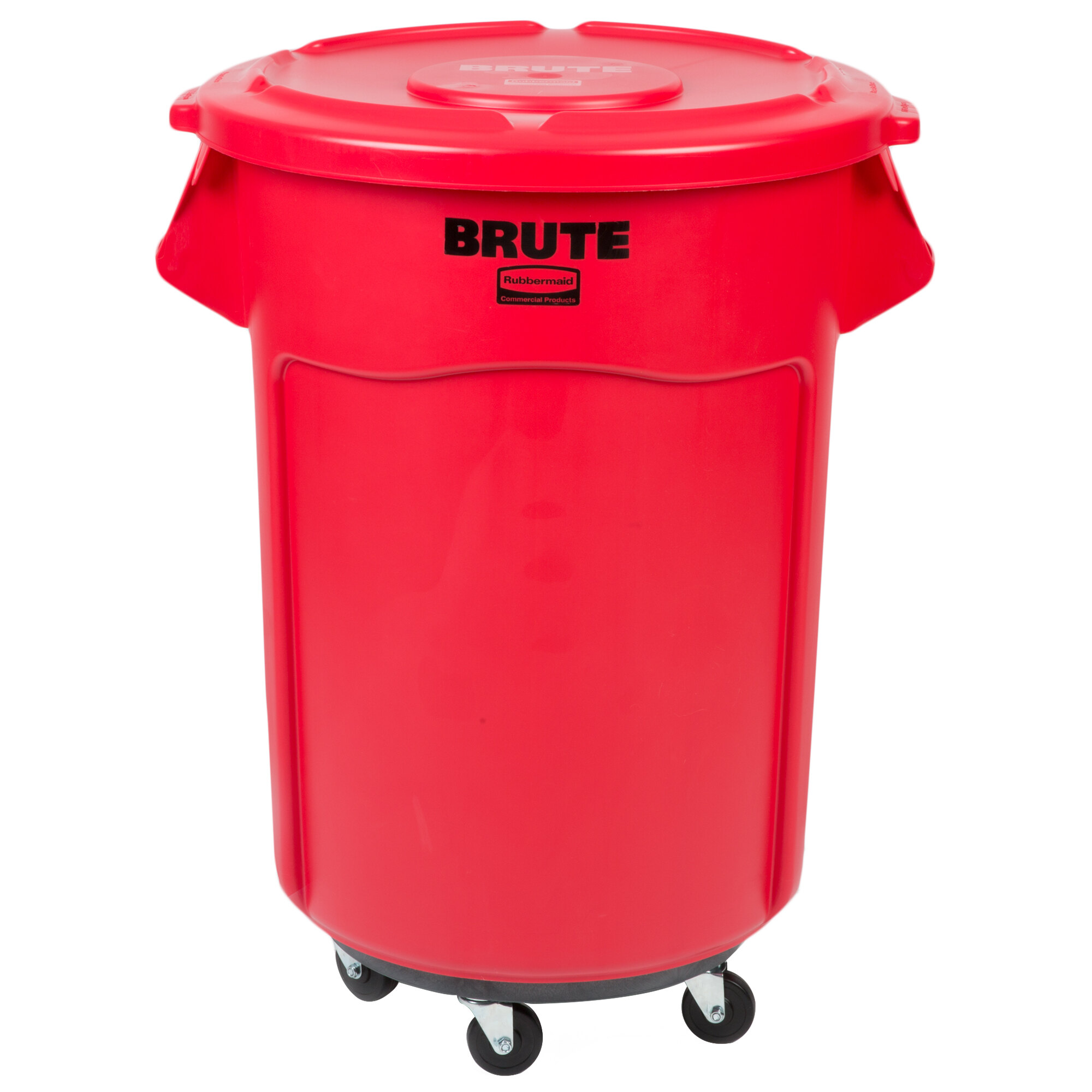 Rubbermaid Brute 55 Gallon Red Round Trash Can With Lid And Dolly