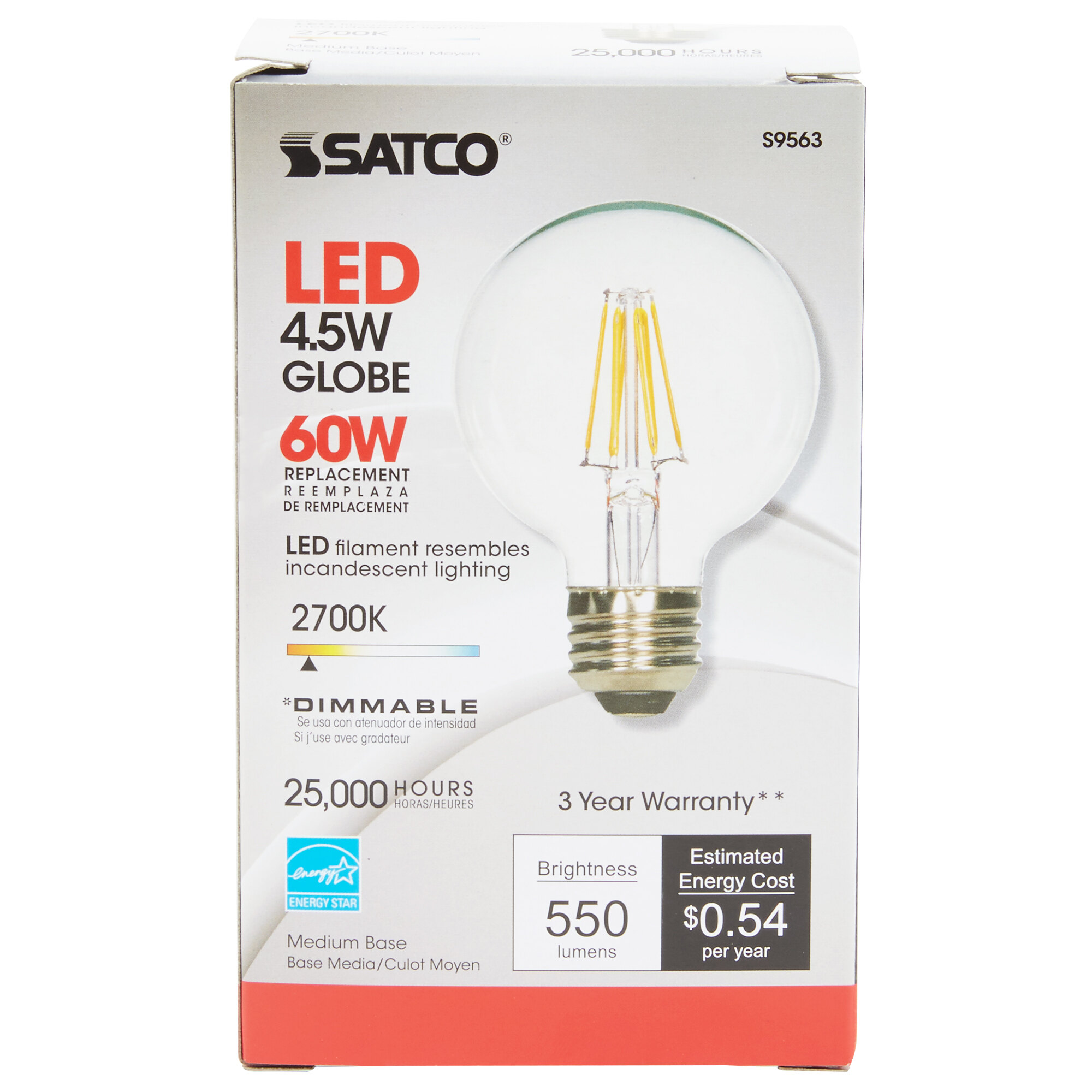 Satco S29563 4.5 Watt (40 Watt Equivalent) Clear Warm White Globe LED