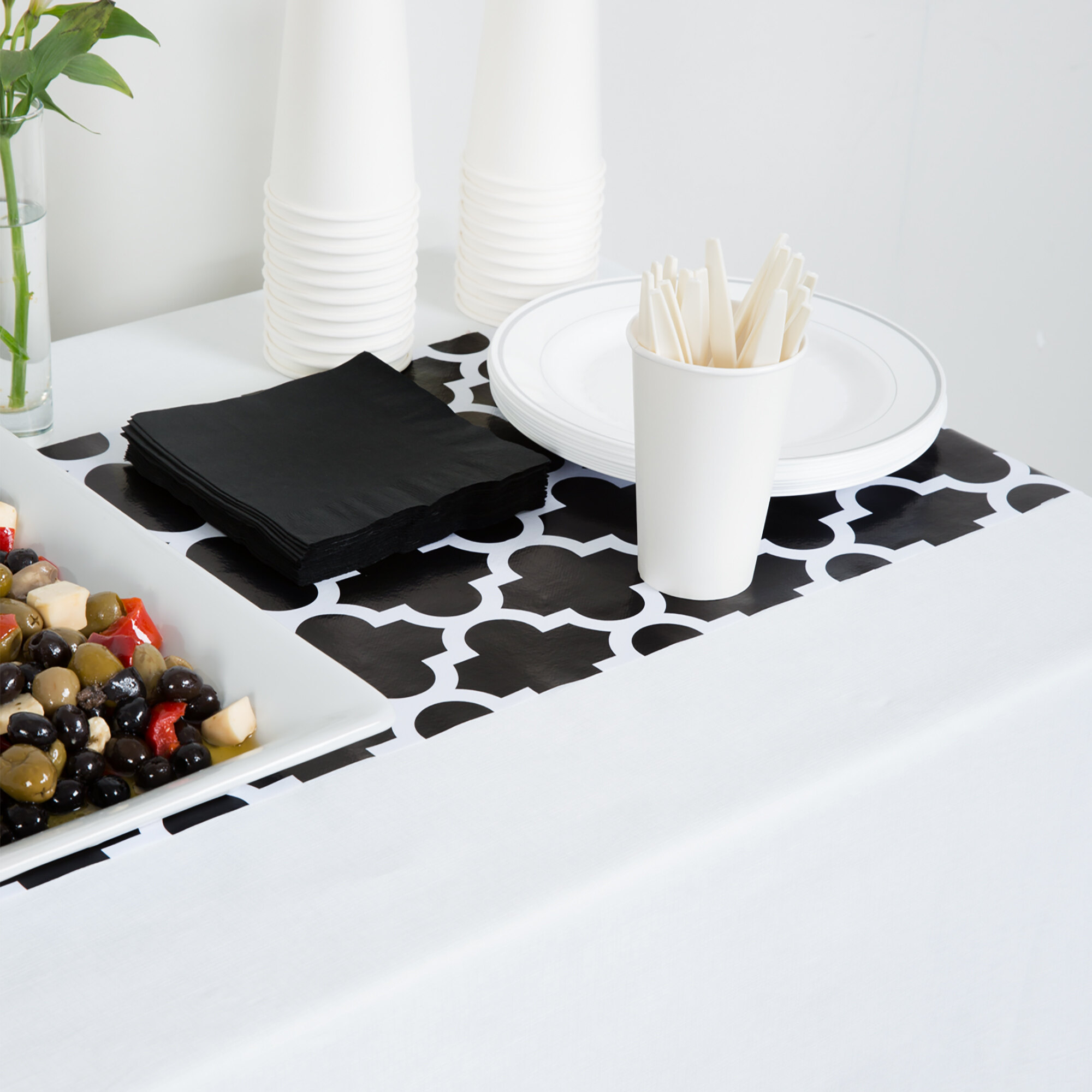 Creative Converting 317332 14" x 84" Black and White Plastic Table Runner