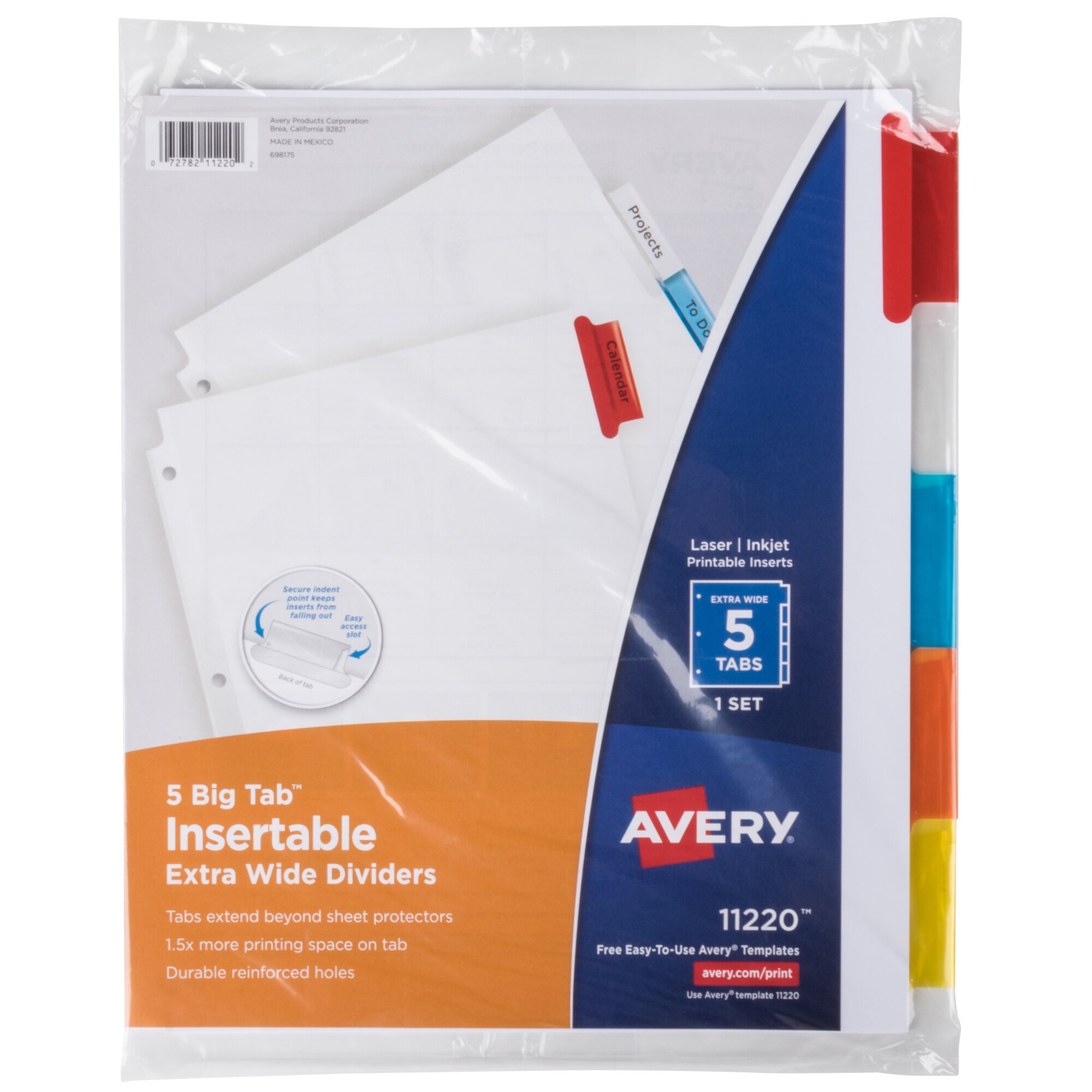 Avery 11220 Big Tab Extra Wide 5Tab MultiColor Insertable Tab Dividers