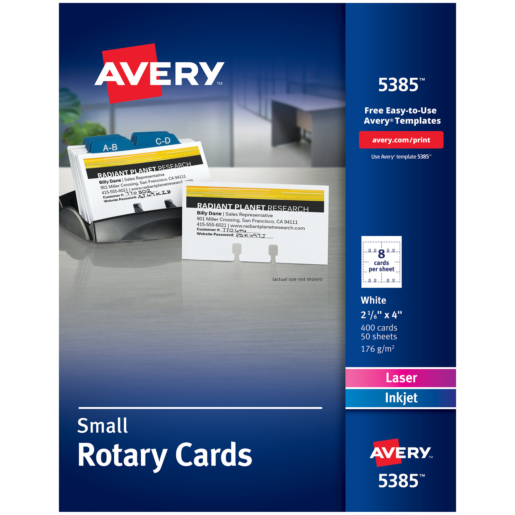 Avery 5385 2 1/6" x 4" White Small Rotary Cards 400/Box