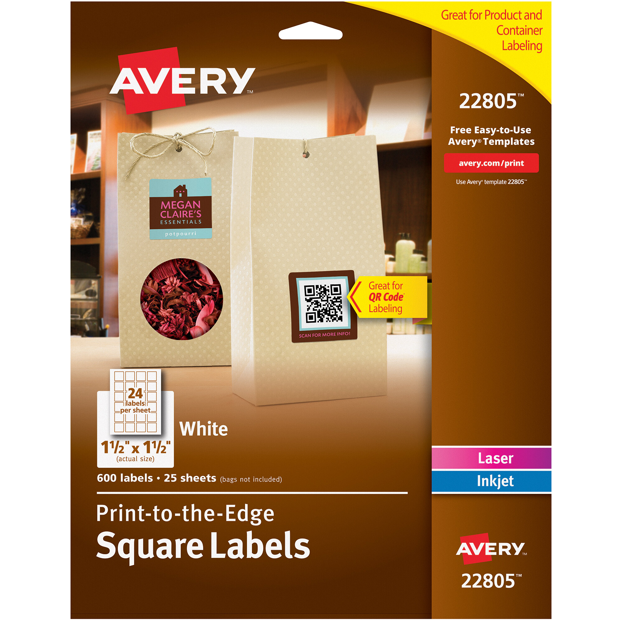 Avery 22805 Easy Peel 1 1 /2" x 1 1/2" White Square PrinttotheEdge