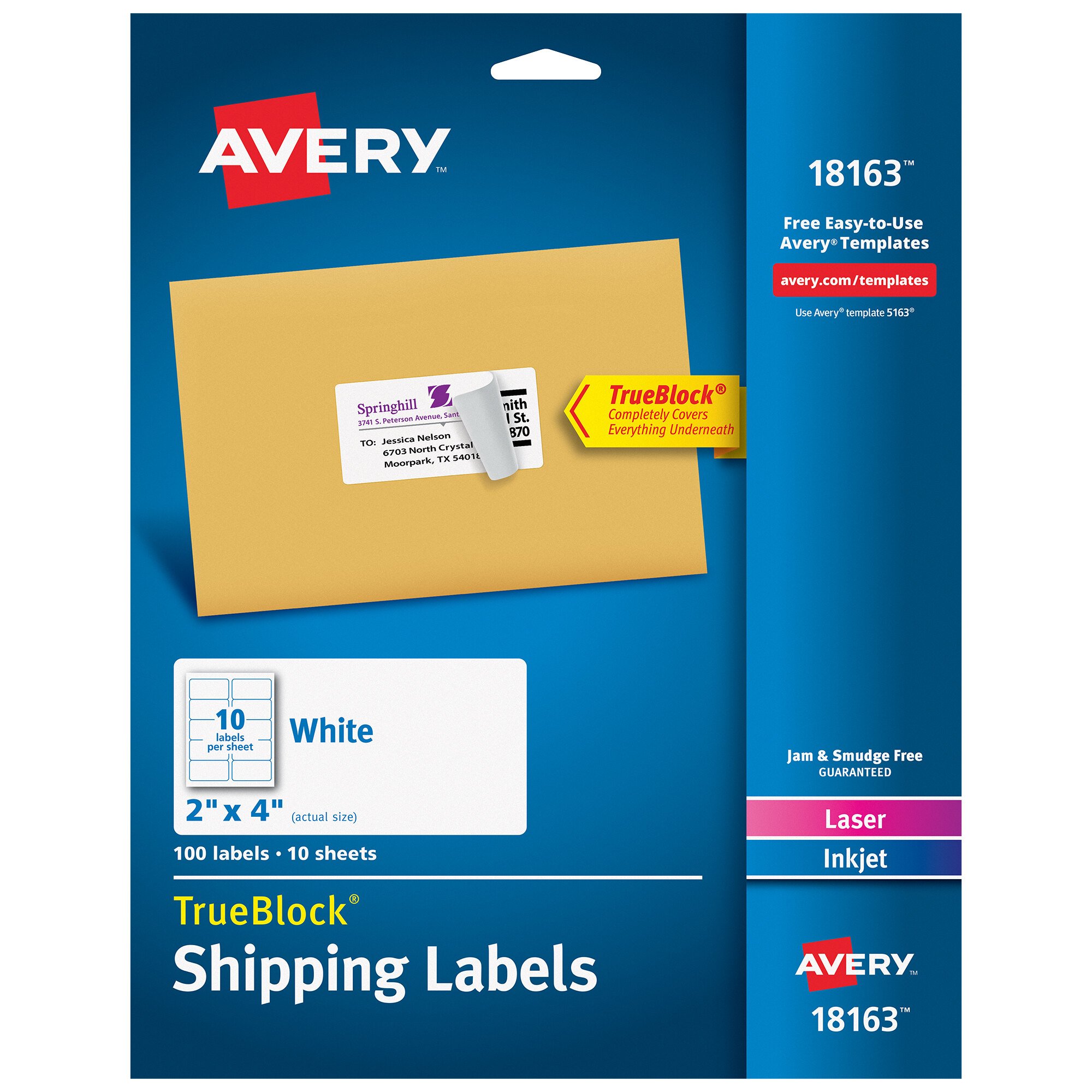 Avery 18163 TrueBlock 2" x 4" White Shipping Labels 100/Pack