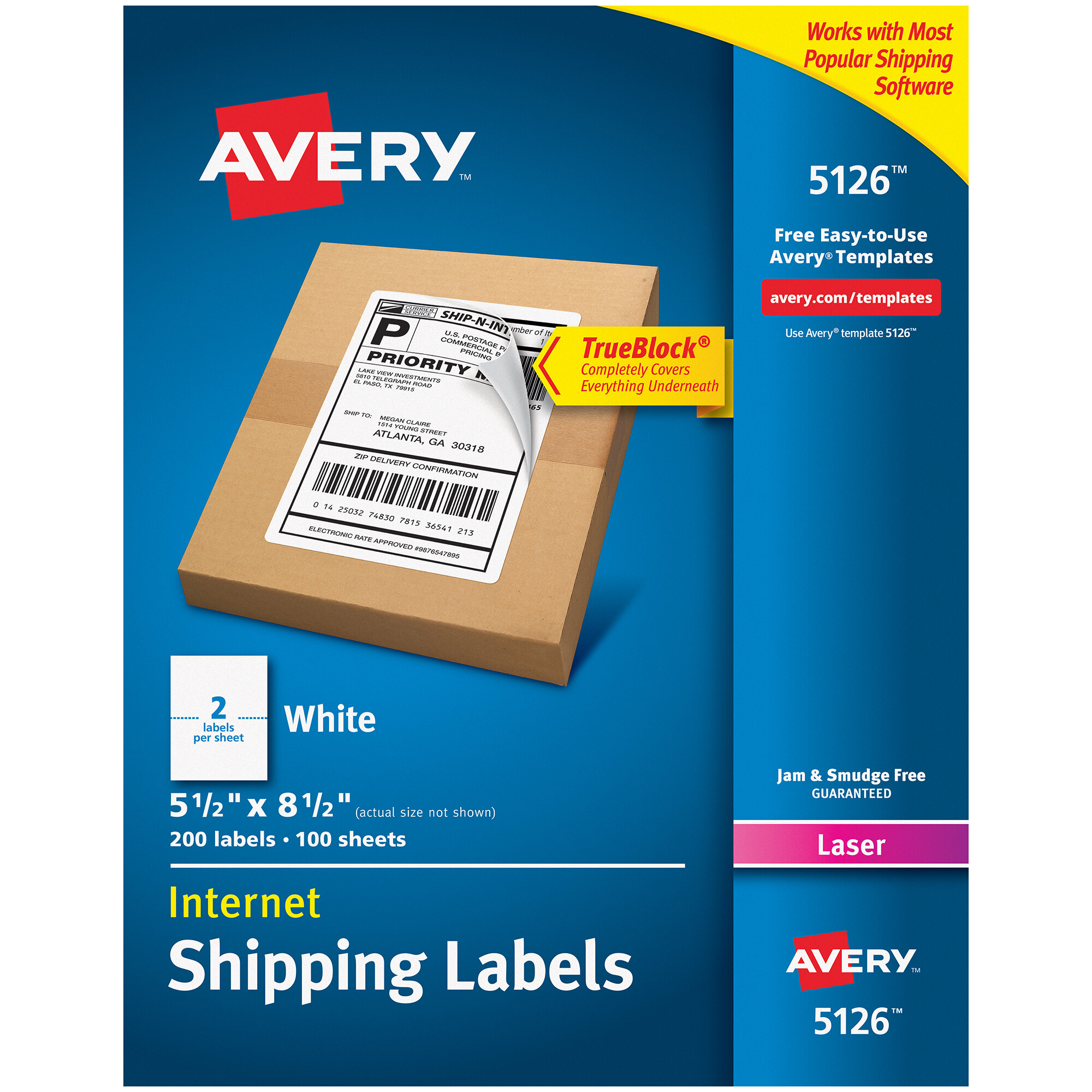 Avery 5126 5 1/2" x 8 1/2" White Shipping Labels 200/Box