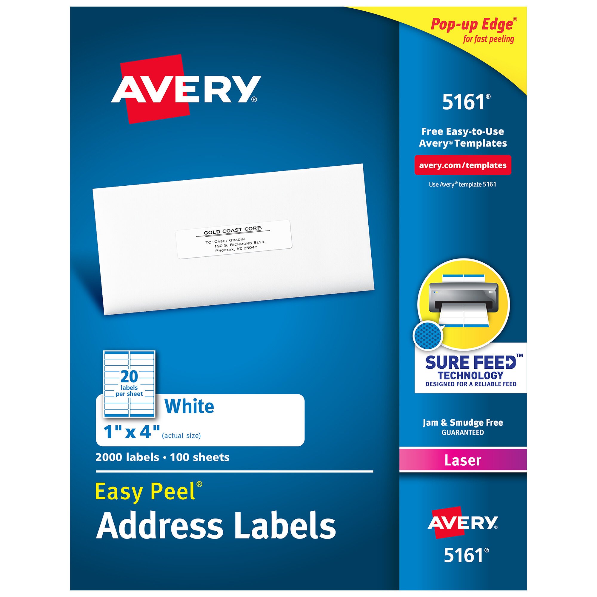 Avery 5161 1" x 4" White Easy Peel Mailing Address Labels 2000/Box