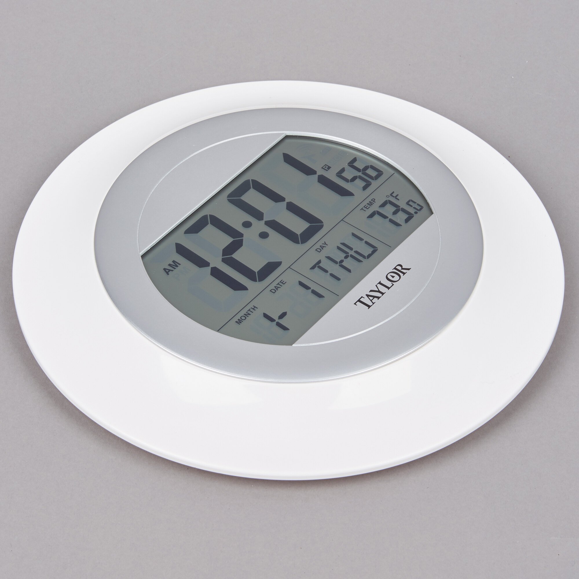 Taylor 1750 9 1/4" White Digital Atomic Wall Clock with Thermometer and