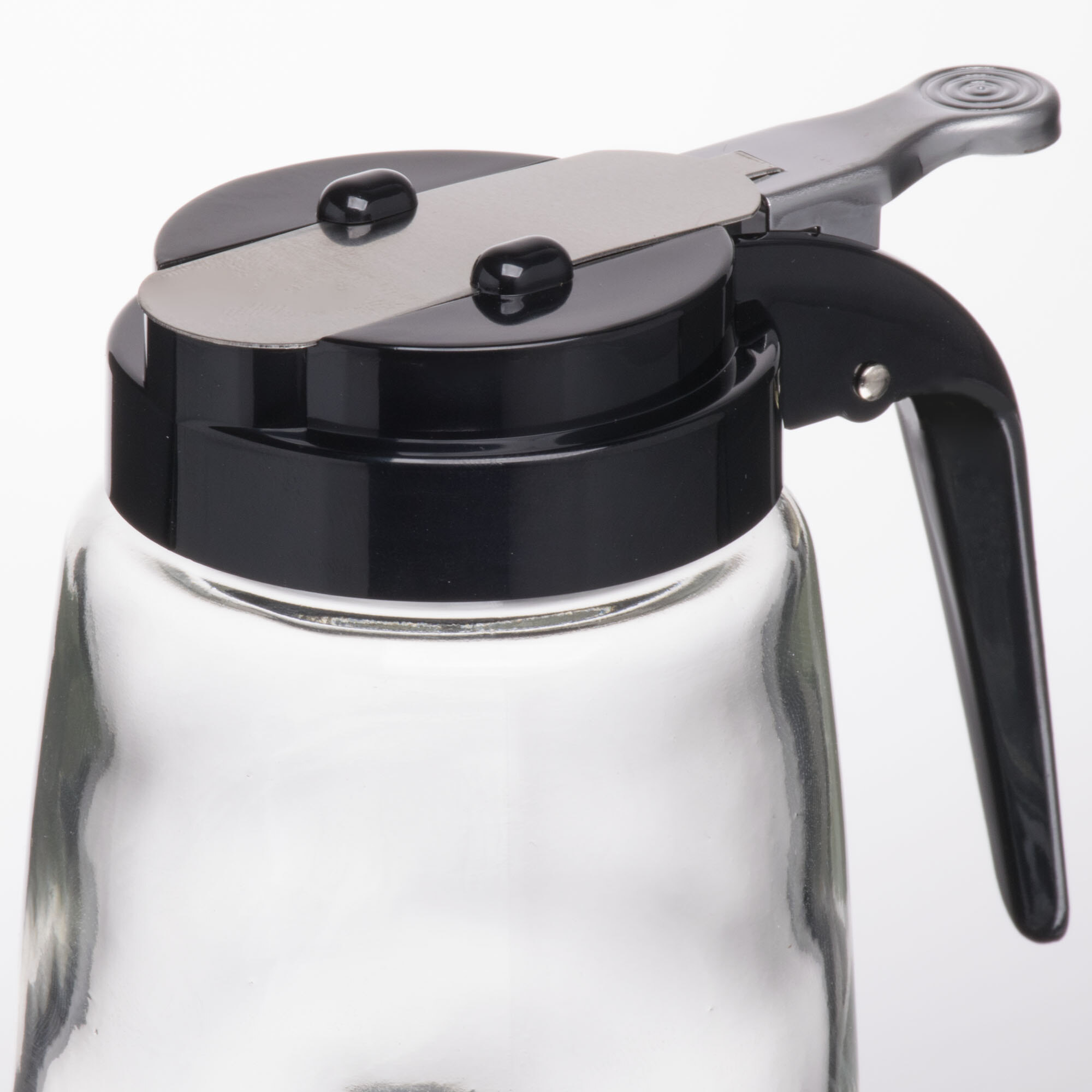 Tablecraft 1370BK 8 oz. Glass Modern Syrup Dispenser with Black ABS Top