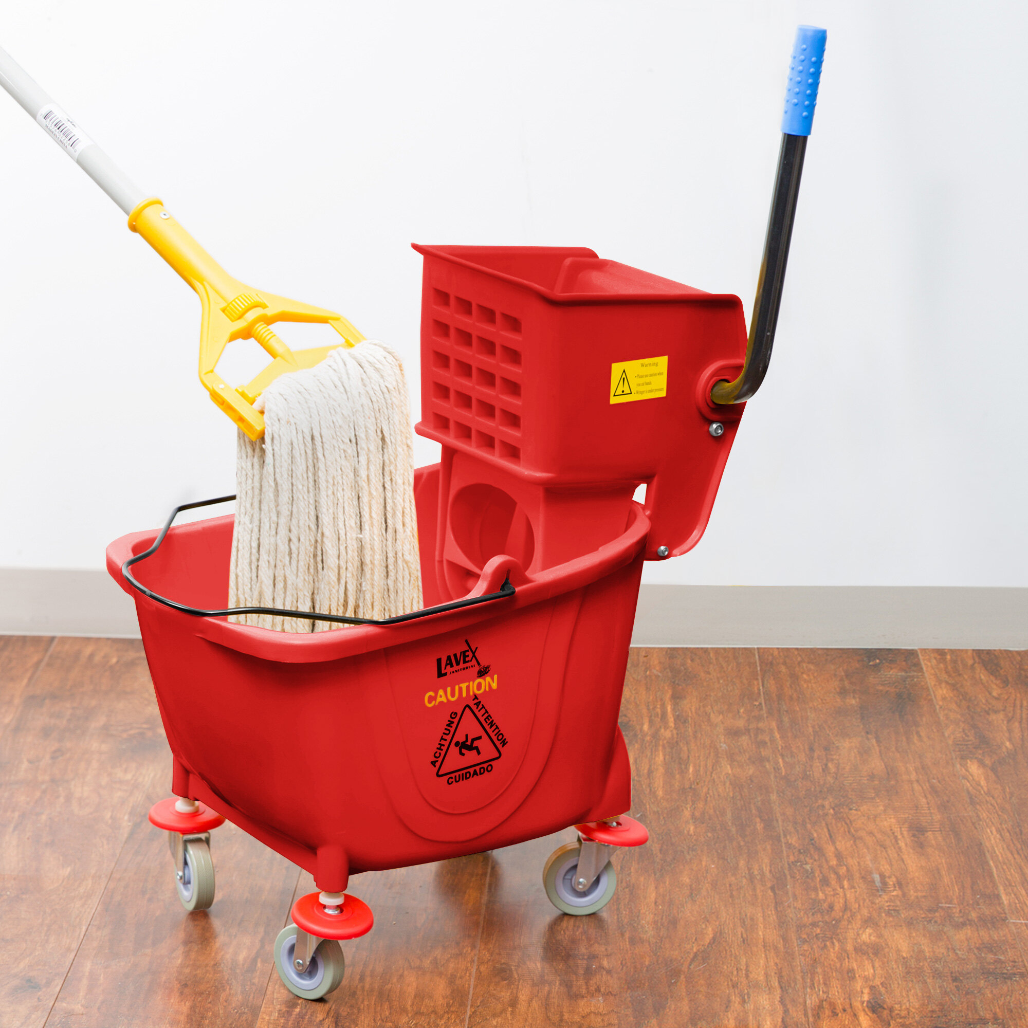 Lavex Janitorial 35 Qt. Red Mop Bucket & Side Press Wringer Combo