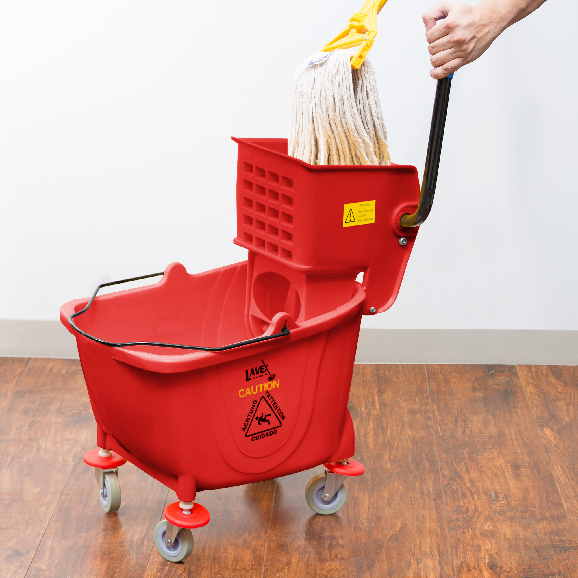Lavex Janitorial 35 Qt. Red Mop Bucket & Side Press Wringer Combo