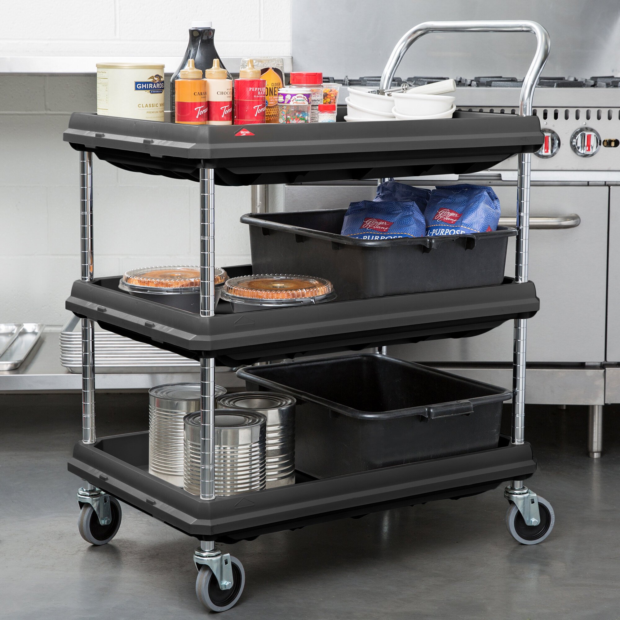 Metro BC20303DBL Black Utility Cart with Three Deep Ledge Shelves 32