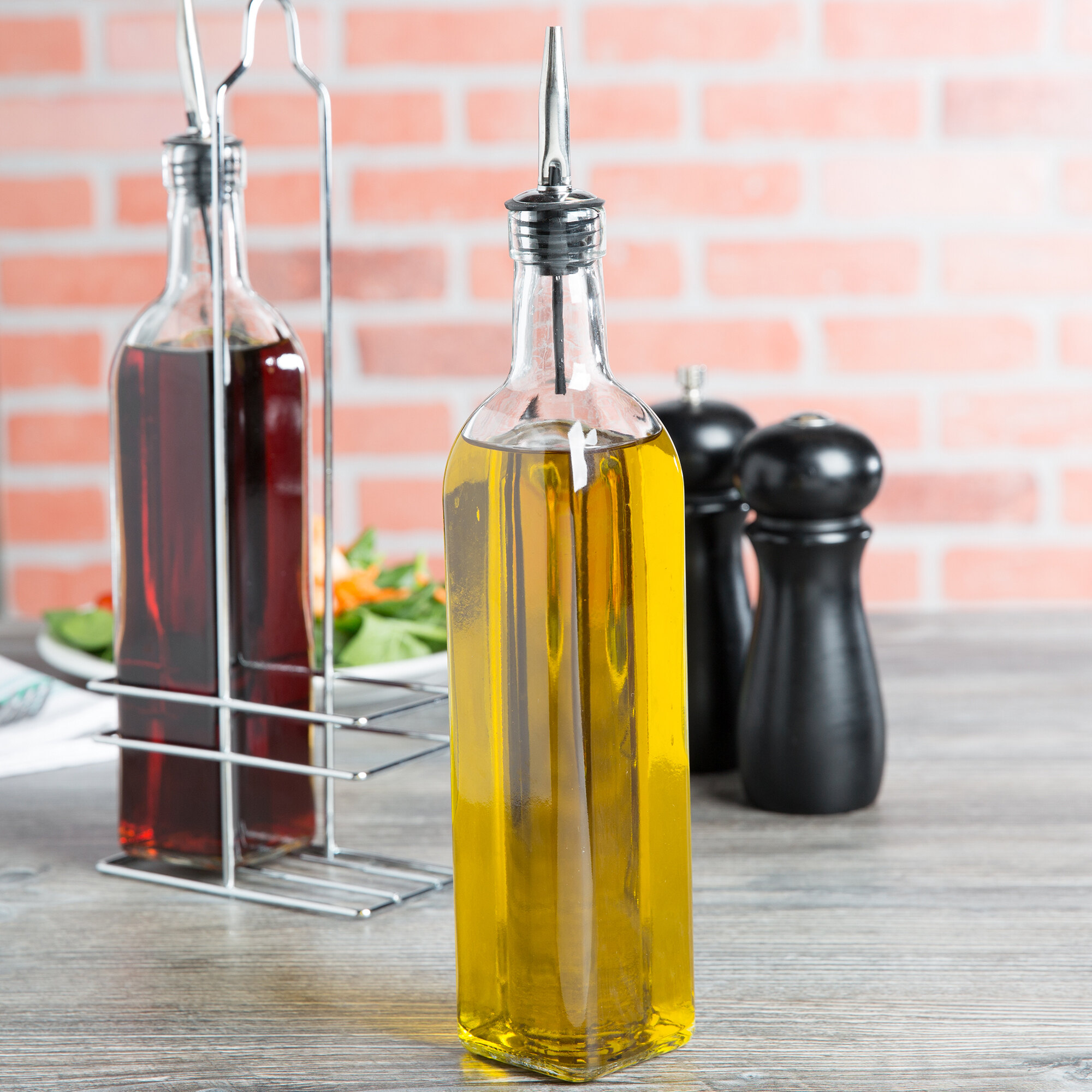 Choice 16 oz. 3 Piece Oil & Vinegar Cruet Set with Rack
