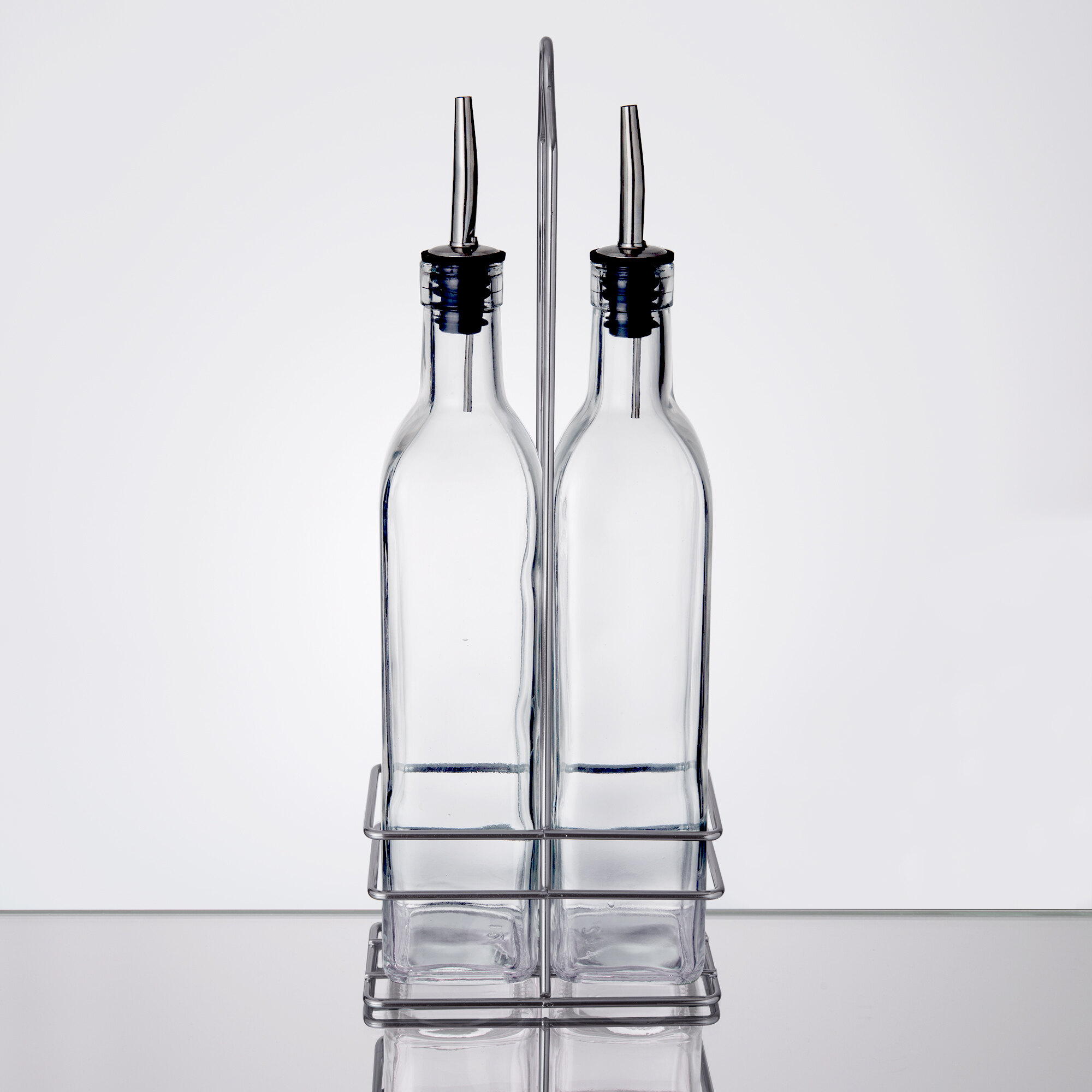 Choice 16 oz. 3 Piece Oil & Vinegar Cruet Set with Rack