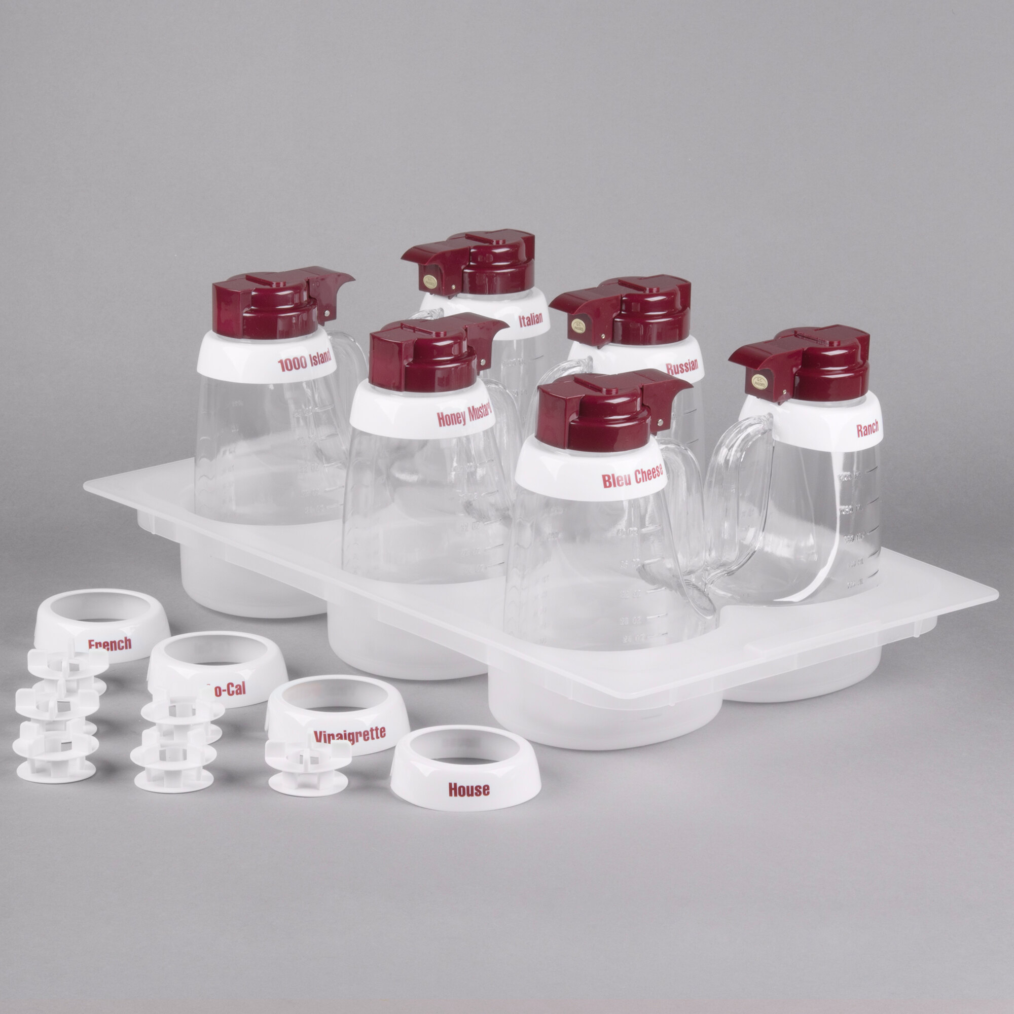 Tablecraft 483 48 oz. Maroon ABS Top Clear Salad Dressing Dispenser Set