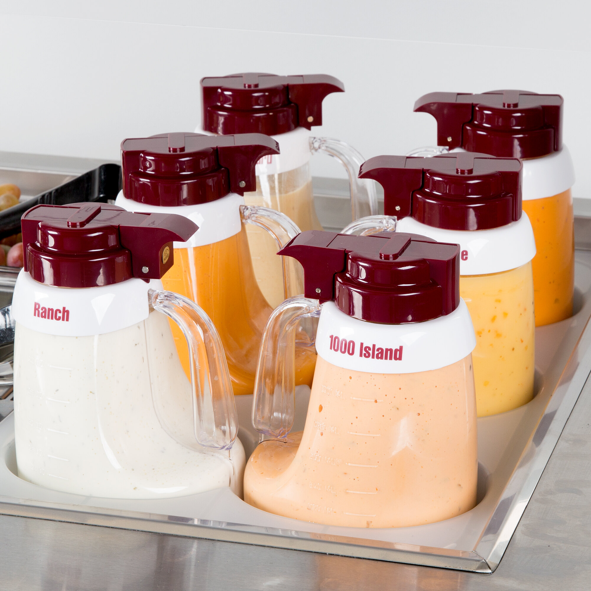 Tablecraft 483 48 oz. Maroon ABS Top Clear Salad Dressing Dispenser Set