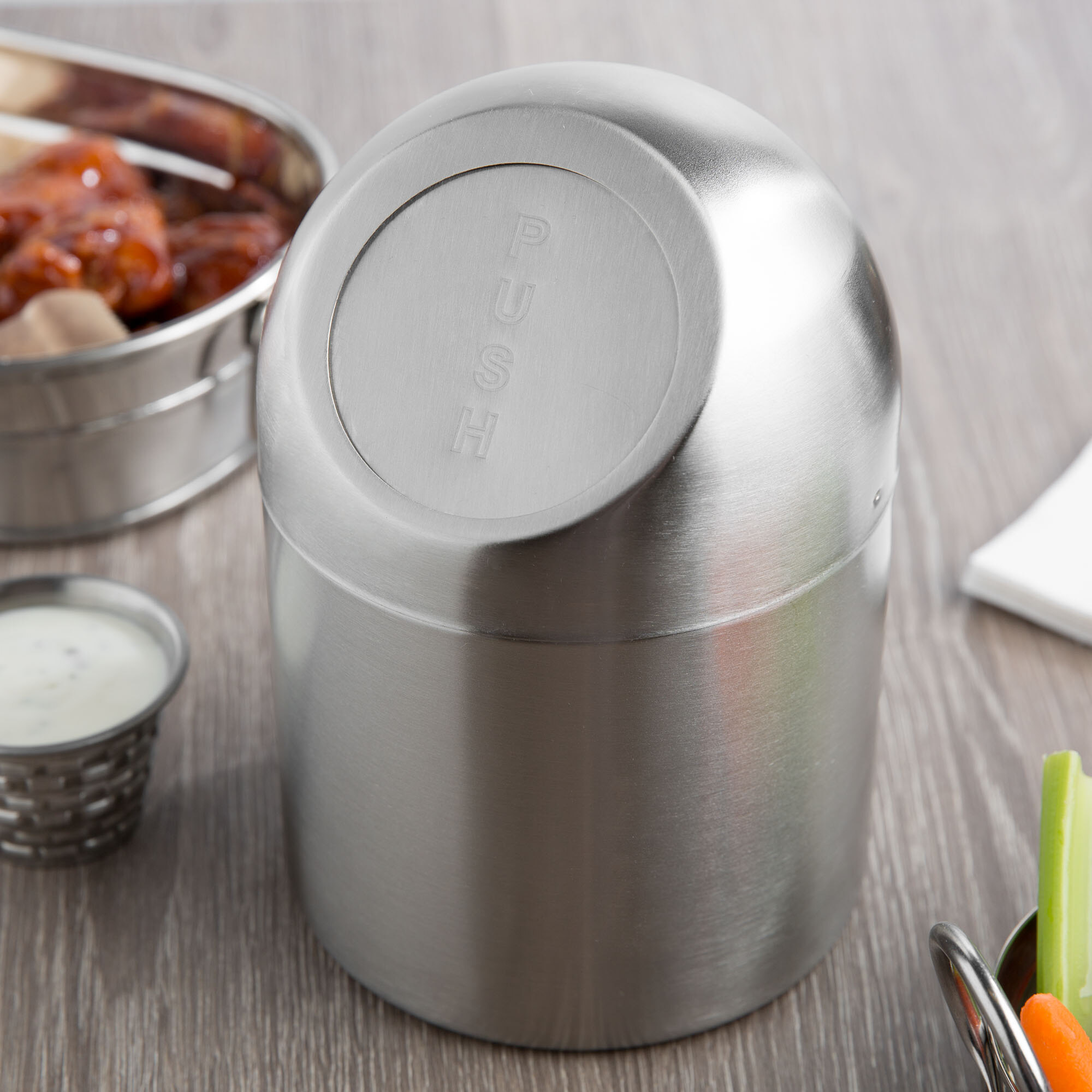 Clipper Mill by GET SSTB6 4 3/4" x 7 1/2" Stainless Steel Round Tabletop Trash Can with Flap Lid