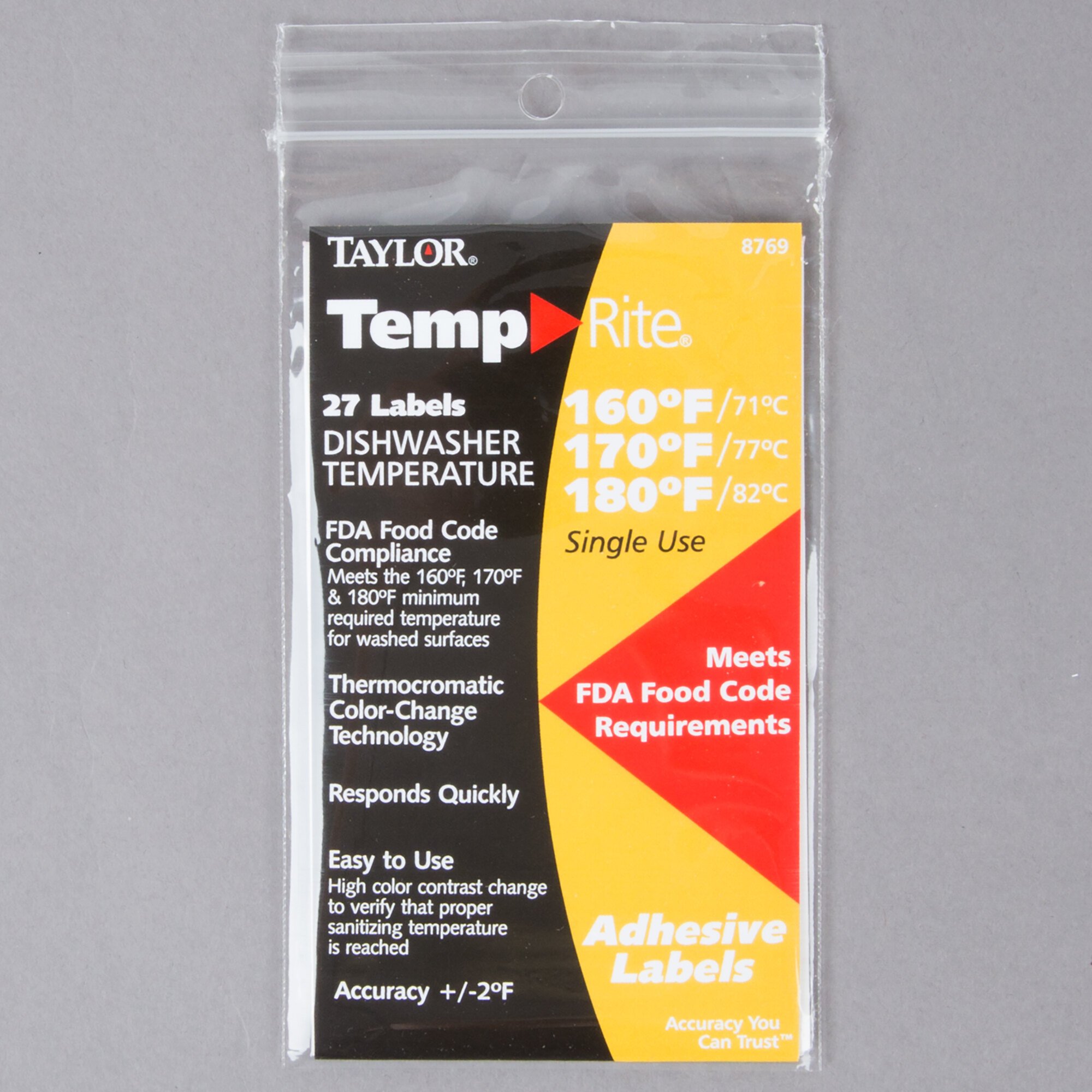 Taylor 8769 TempRite Single Use 3in1 Dishwasher Test Label (160F