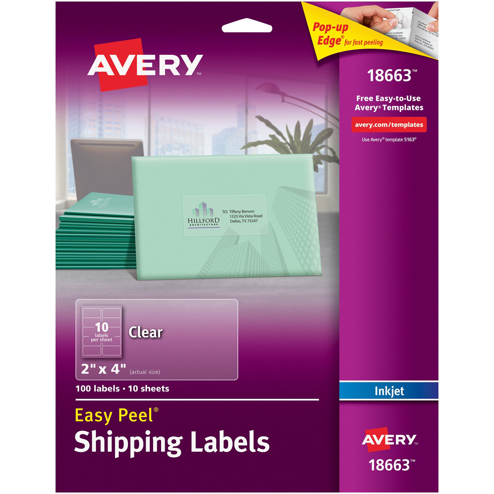 Avery 18663 Easy Peel 2 X 4 Clear Inkjet Printer Shipping Labels 