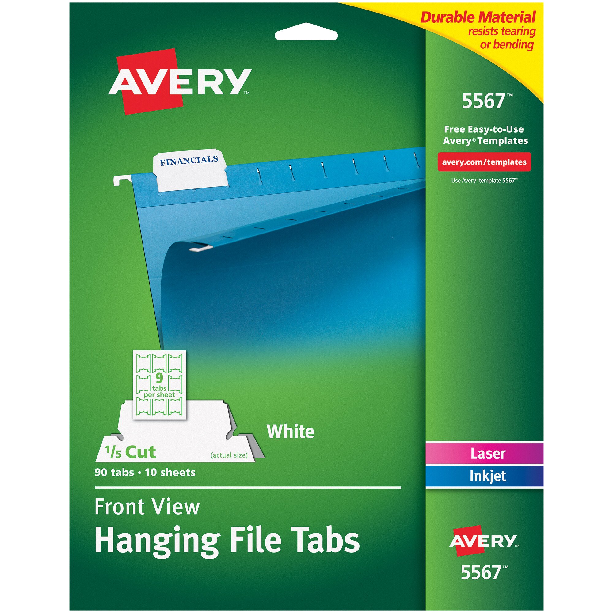 Avery 5567 2 1/16" White 1/5 Cut Printable Hanging File Tab 90/Pack