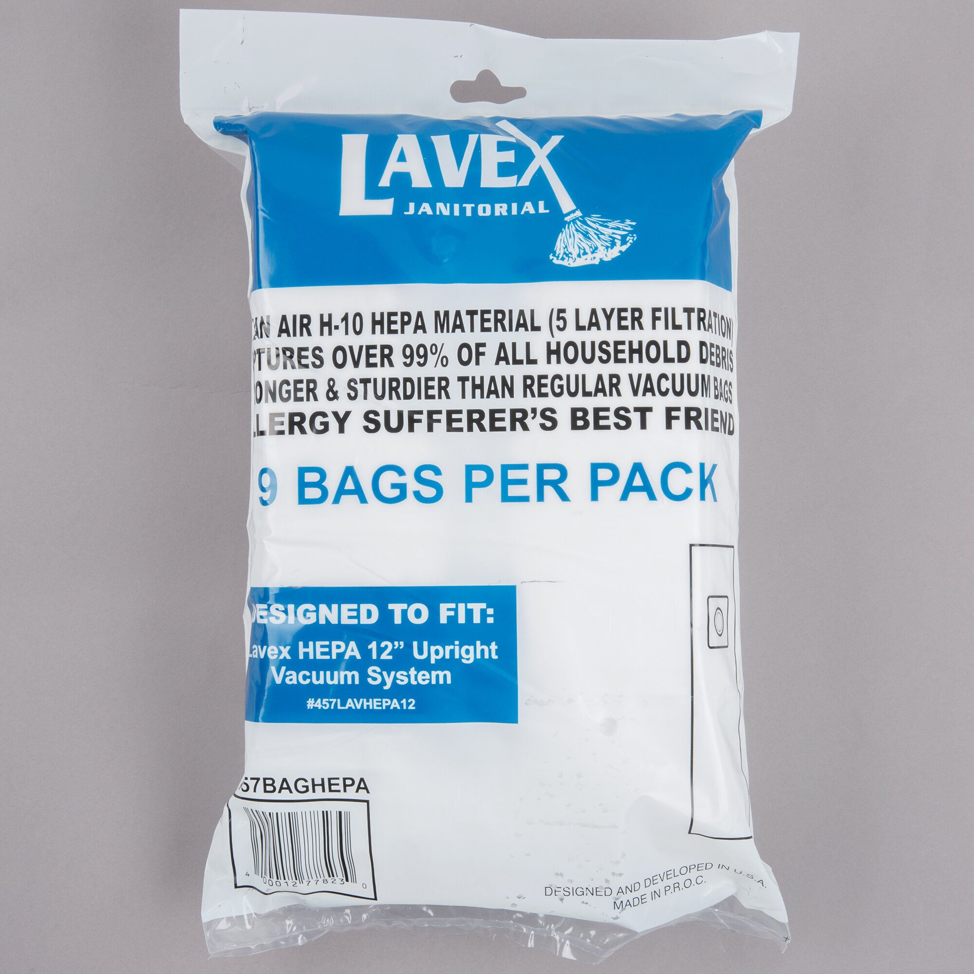 Lavex Janitorial 12" HEPA Microfilter Upright Vacuum Bag 9/Pack