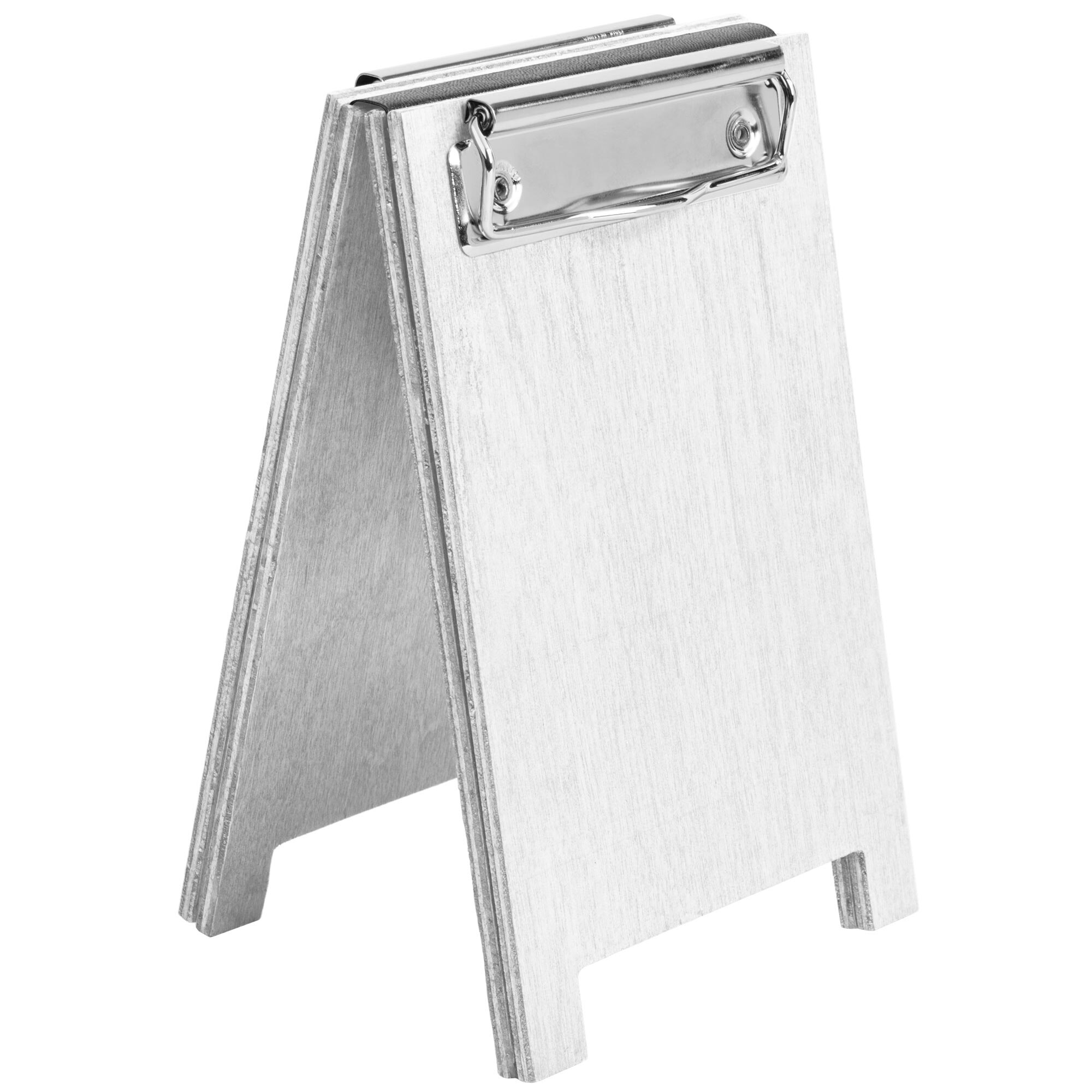 Menu Solutions WDSDCLA 4" x 6" White Wash Wood Sandwich Menu Board Tent with Clip