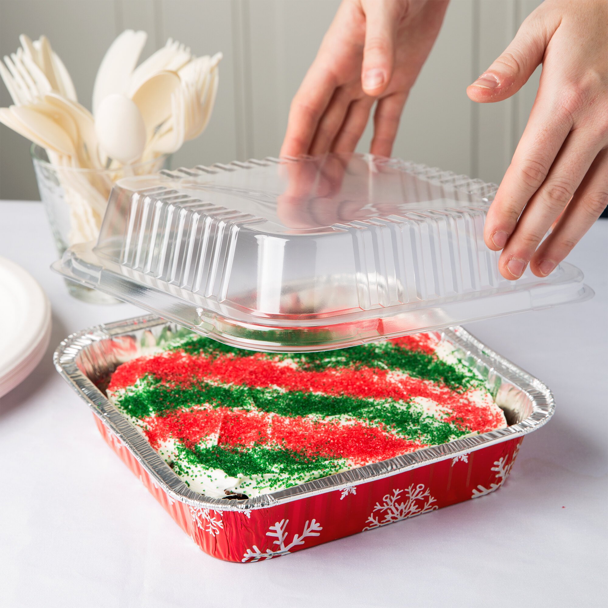 Durable Packaging 9101X 8" Square Holiday Foil Cake Pan with Clear Dome Lid 100/Case