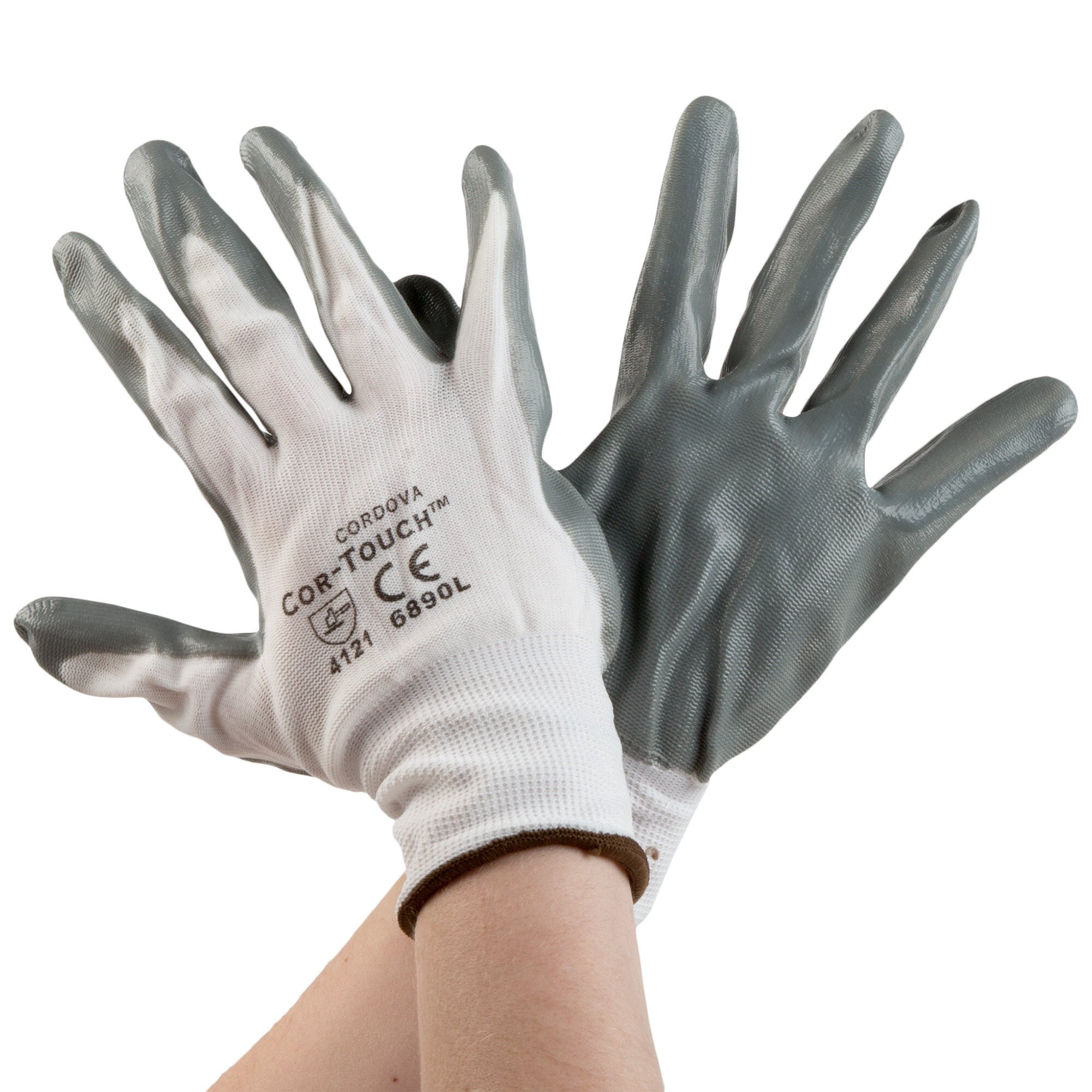 Cor Touch White Nylon Gloves With Gray Flat Nitrile Palm Coating