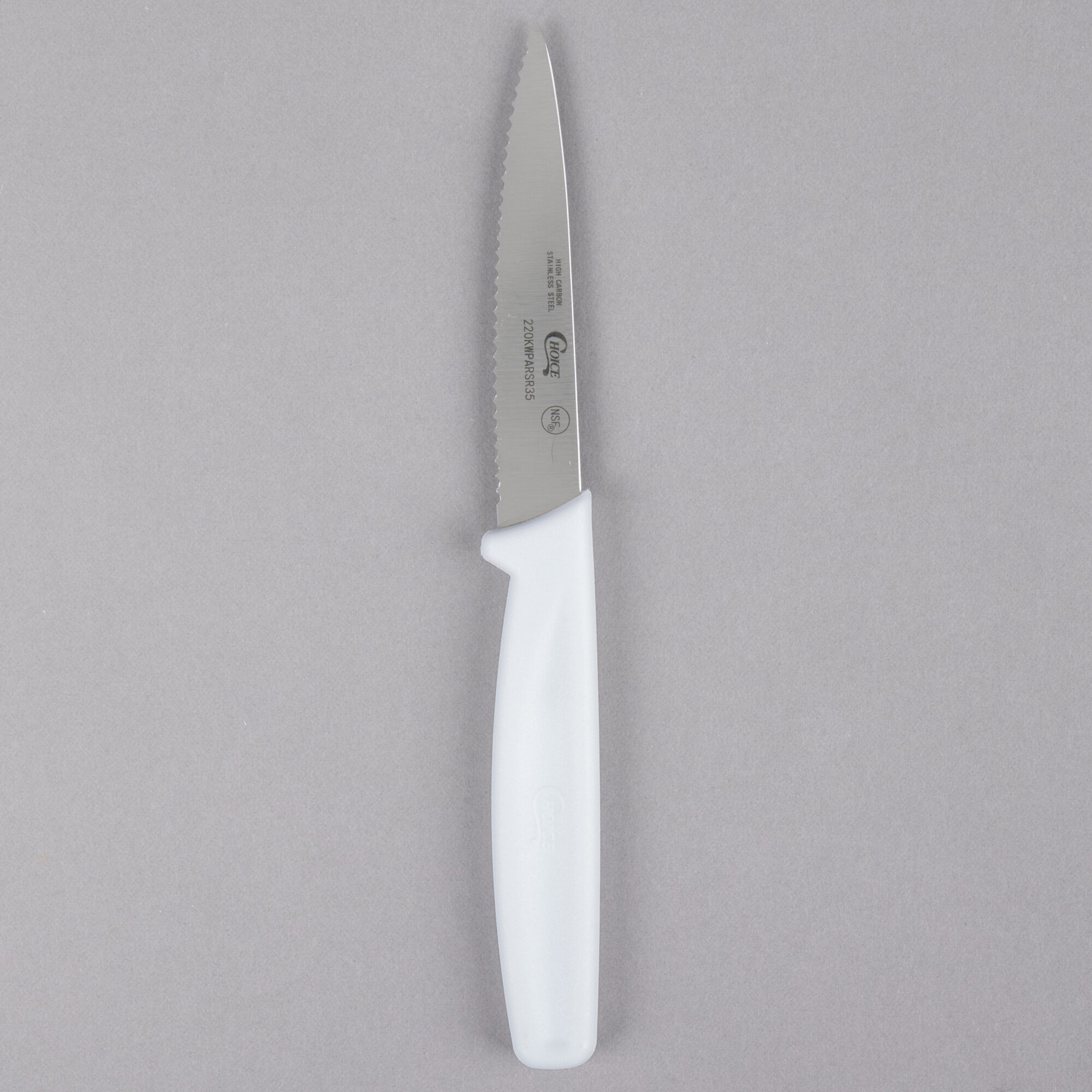 Choice 3 1/2" Serrated Edge Paring Knife with White Handle