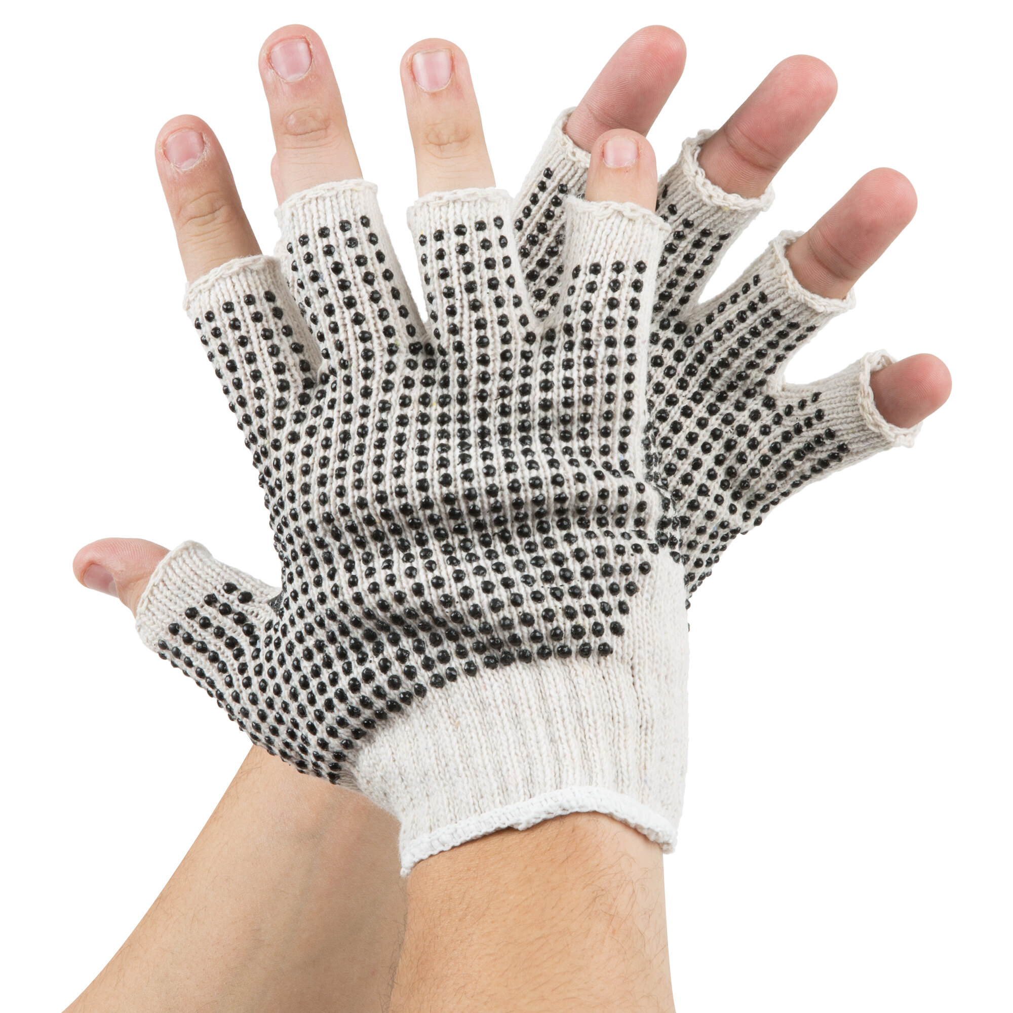 Natural Polyester / Cotton Fingerless Gloves with TwoSided Black PVC Coating Large Pair