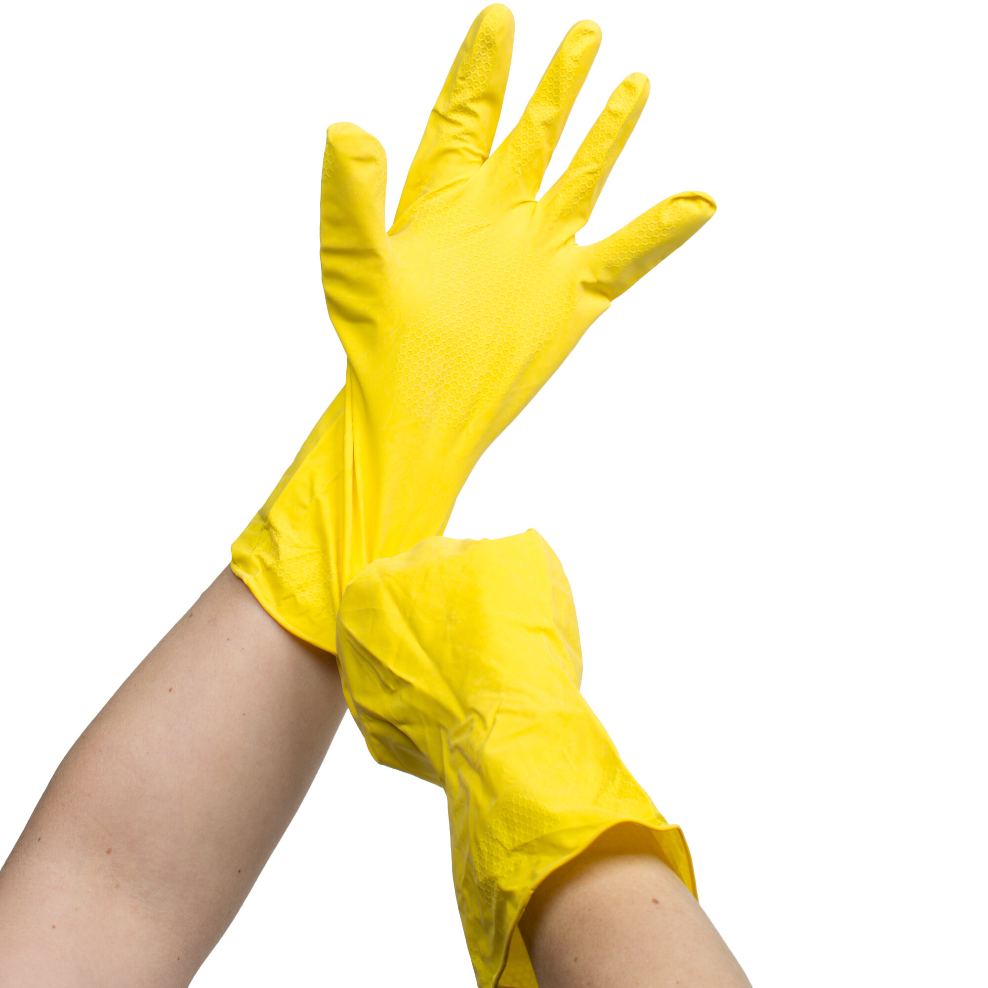 Yellow Embossed Unsupported Latex Gloves with Cotton Flock Lining