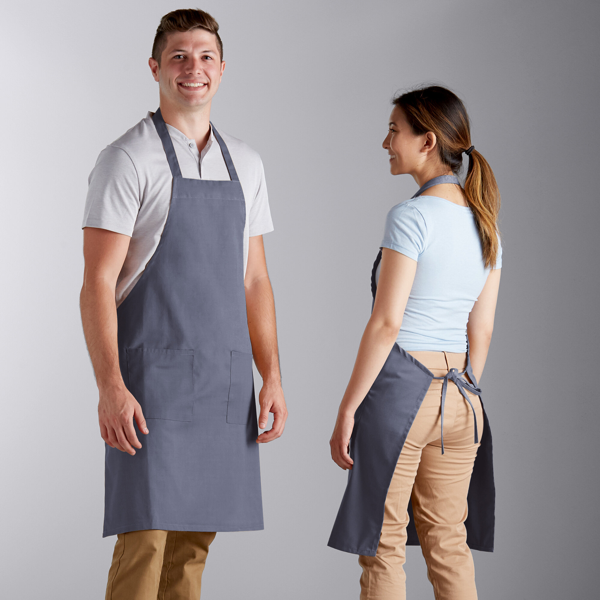 Choice Gray Poly Cotton Bib Apron with 2 Pockets 34 L x 32 W Choice Gray Poly Cotton Bib Apron with 2 Pockets 34 L x 32 W