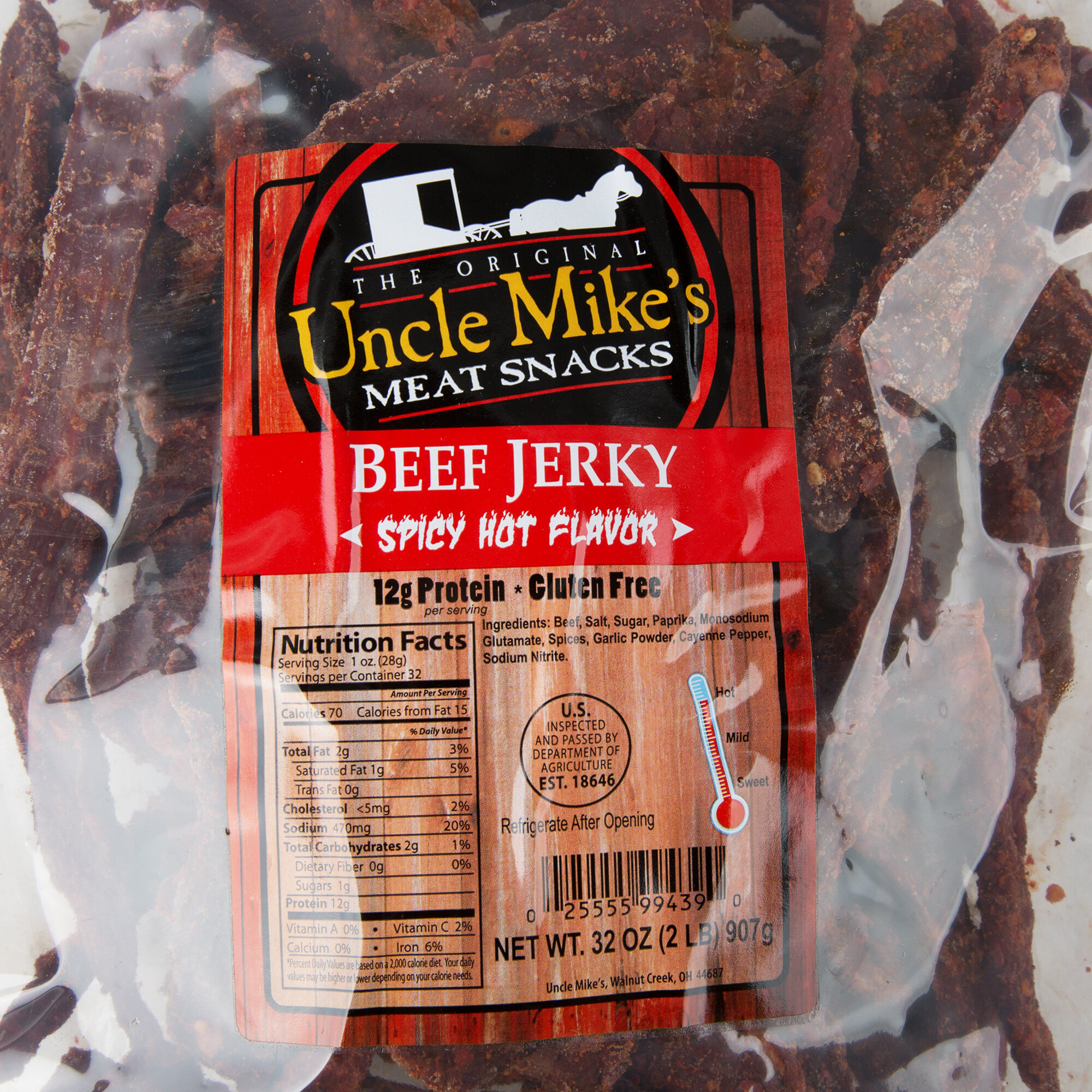 Uncle Mike&amp;#39;s Spicy Hot Beef Jerky 2 lb. Bag - 4/Case