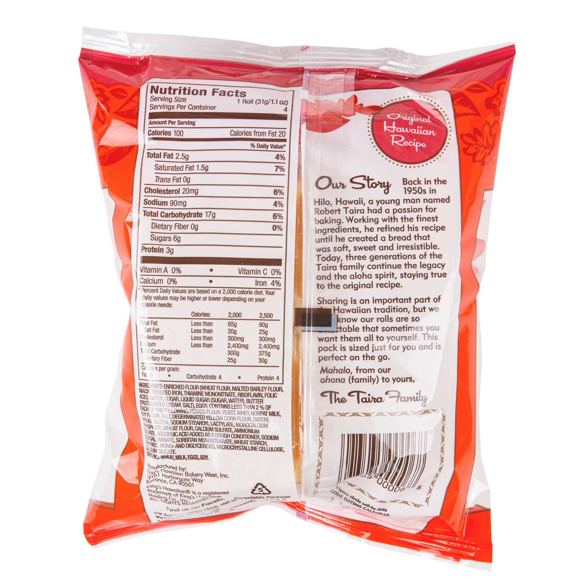 King's Hawaiian 4Pack Original Hawaiian Sweet Dinner Roll 32/Case