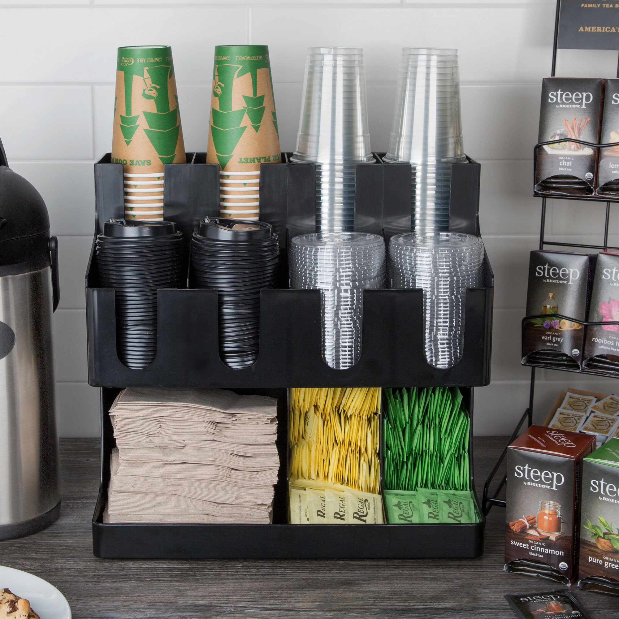 Choice Black 11Section Countertop Cup, Lid and Napkin Organizer