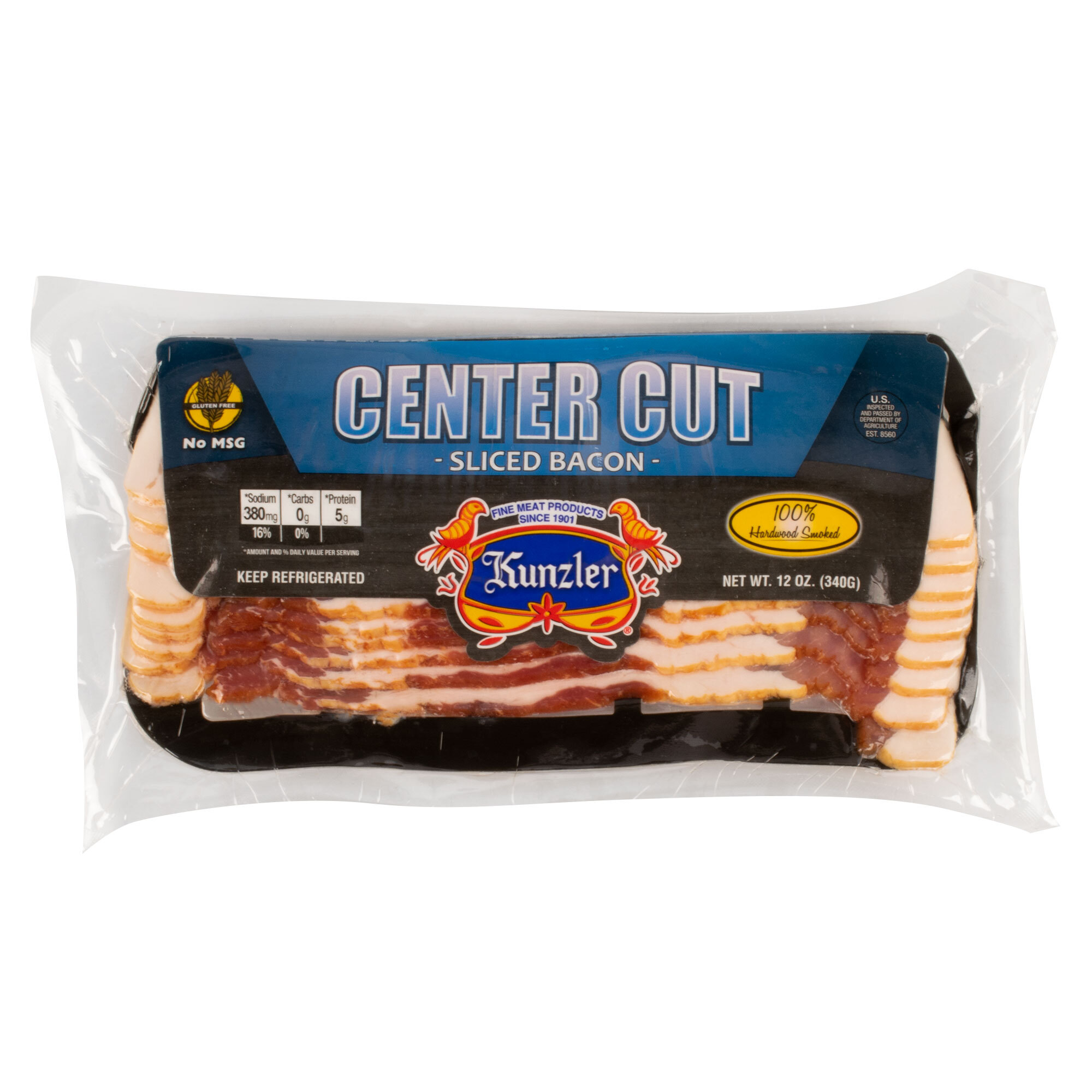 Kunzler 12 oz. Center Cut Hardwood Smoked Sliced Bacon 16/Case