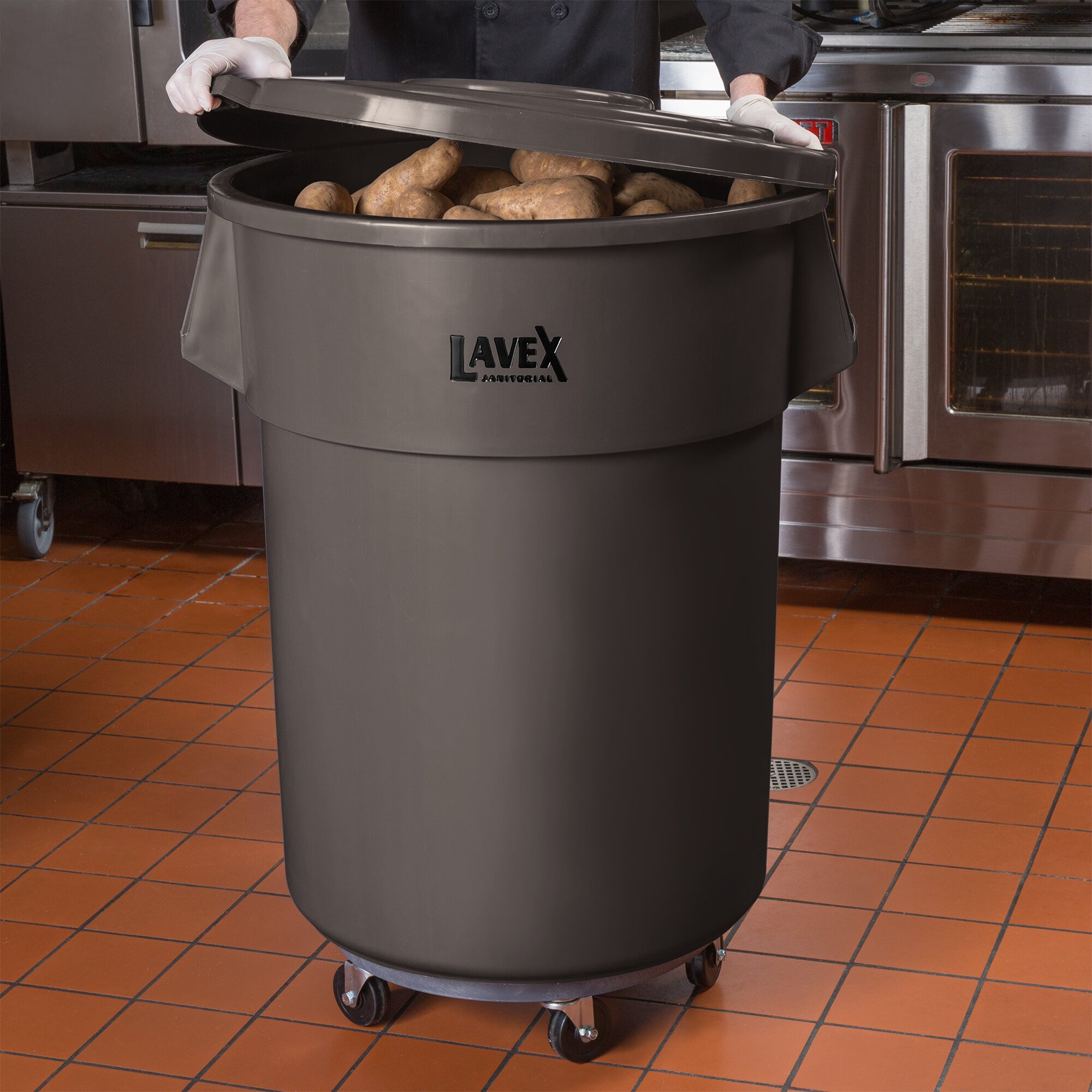 Lavex Janitorial 55 Gallon Brown Round Commercial Trash Can with Lid ...