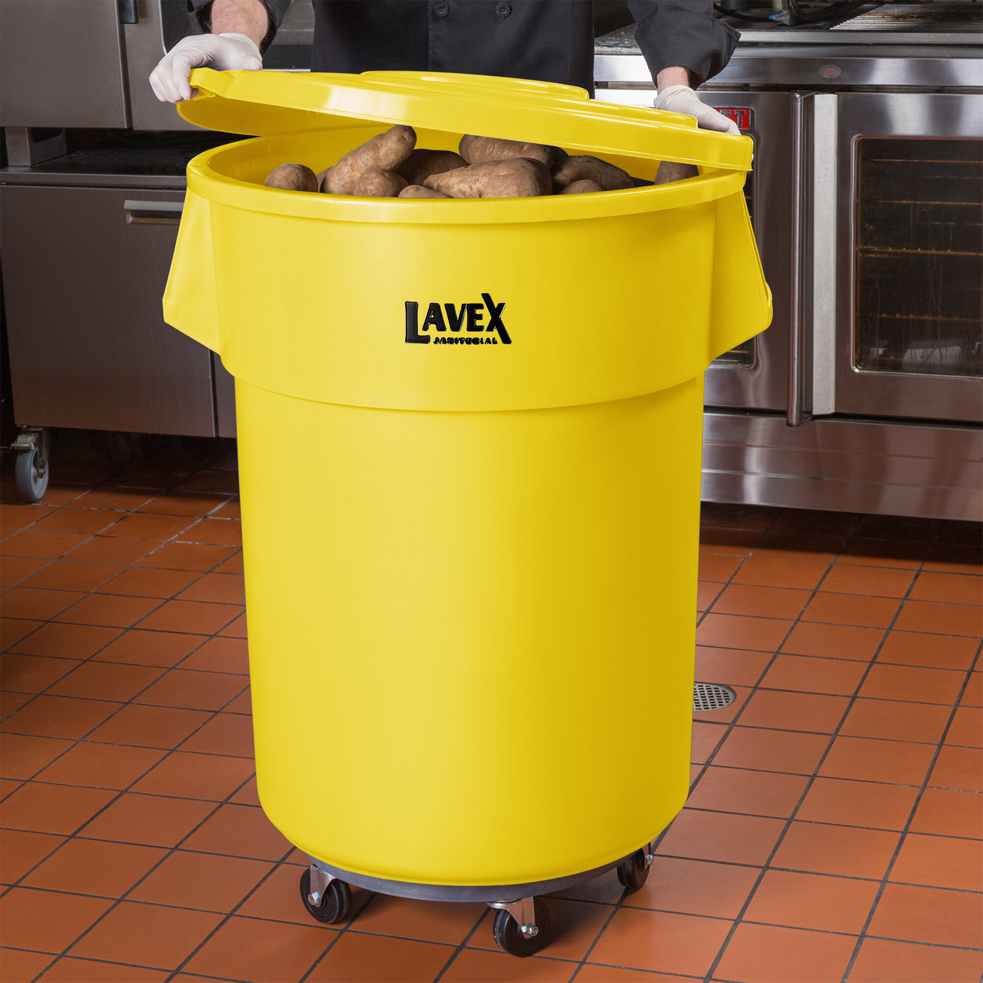 Lavex Janitorial 55 Gallon Yellow Round Commercial Trash Can with Lid