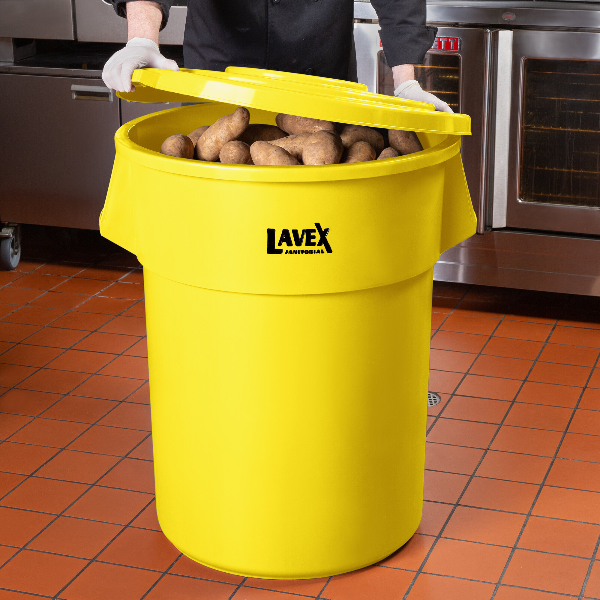 Lavex Janitorial 55 Gallon Yellow Round Commercial Trash Can and Lid