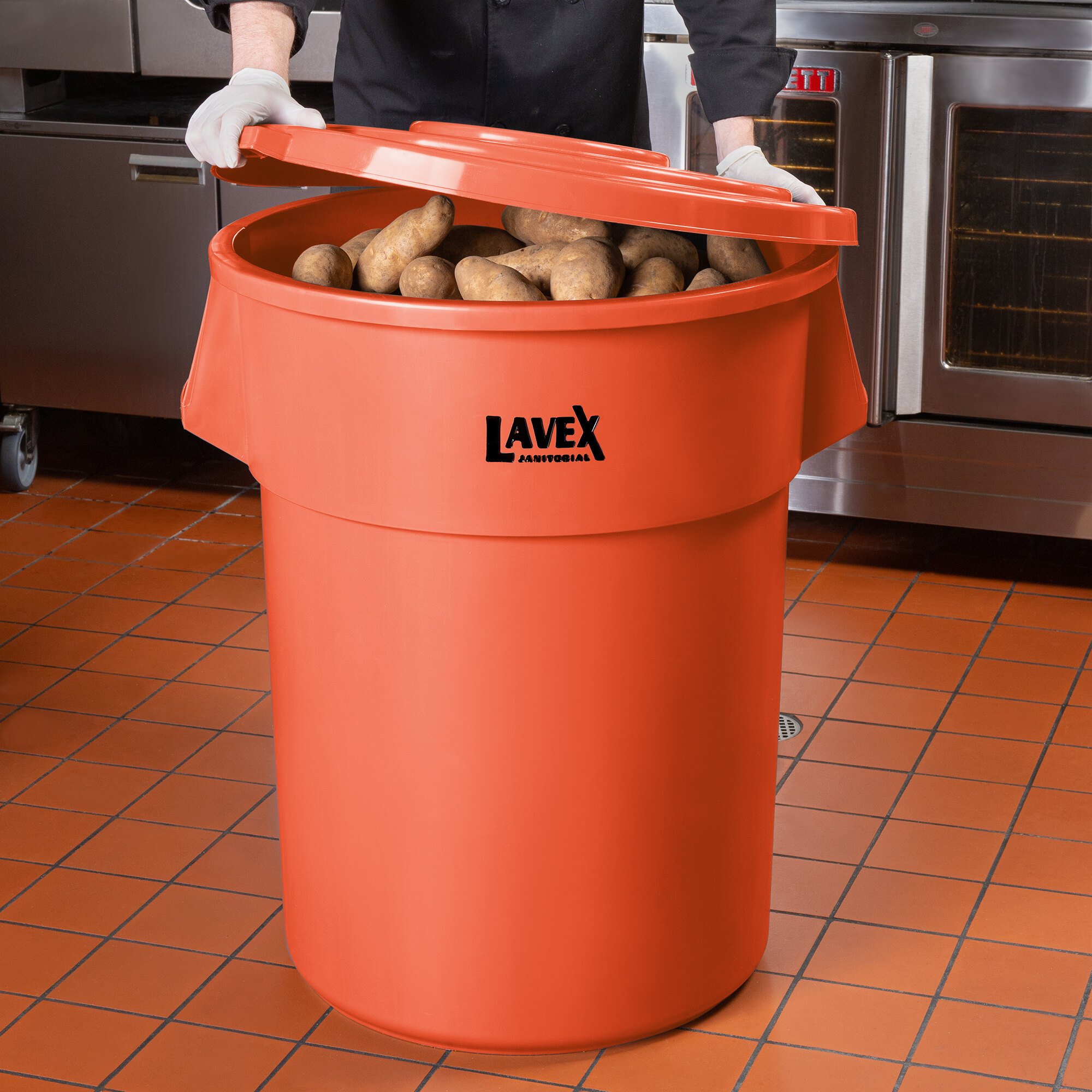 Lavex Janitorial 55 Gallon Orange Round Commercial Trash Can and Lid