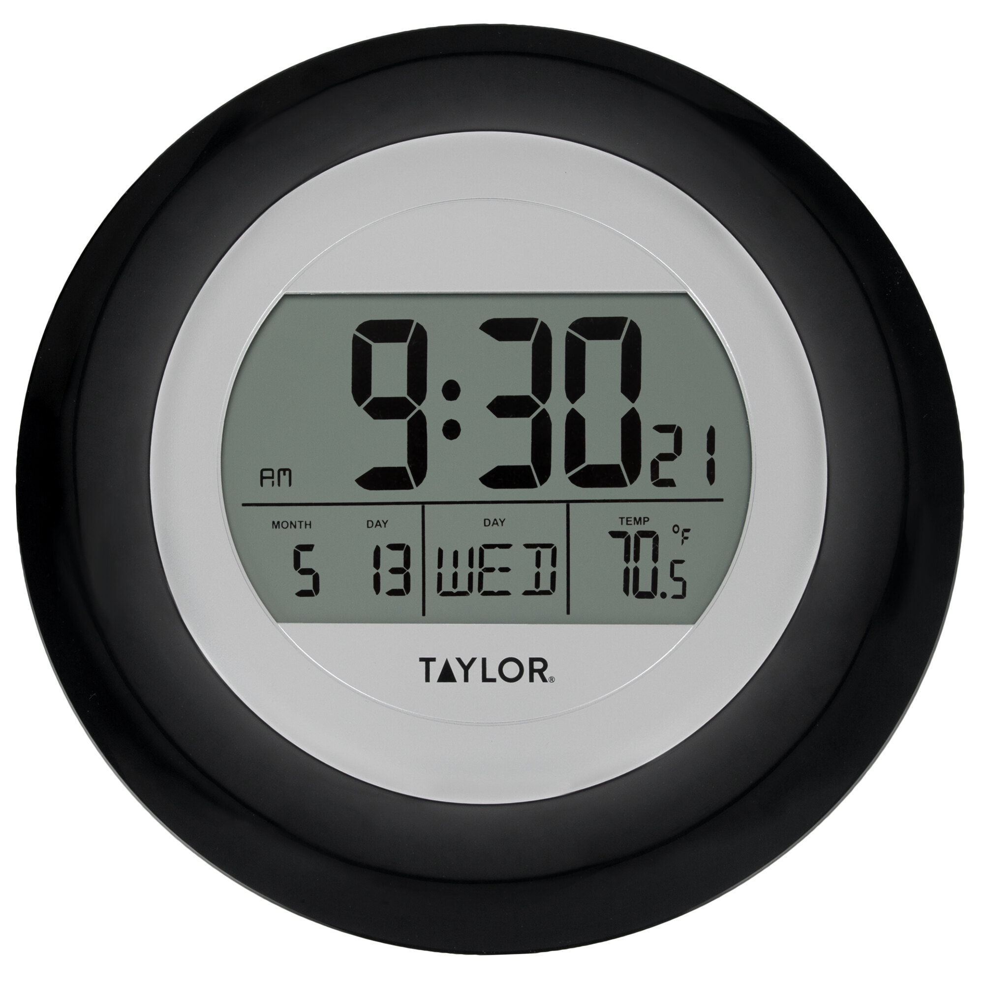 Taylor 1750BK 9 1/4" Black Digital Atomic Wall Clock with Thermometer