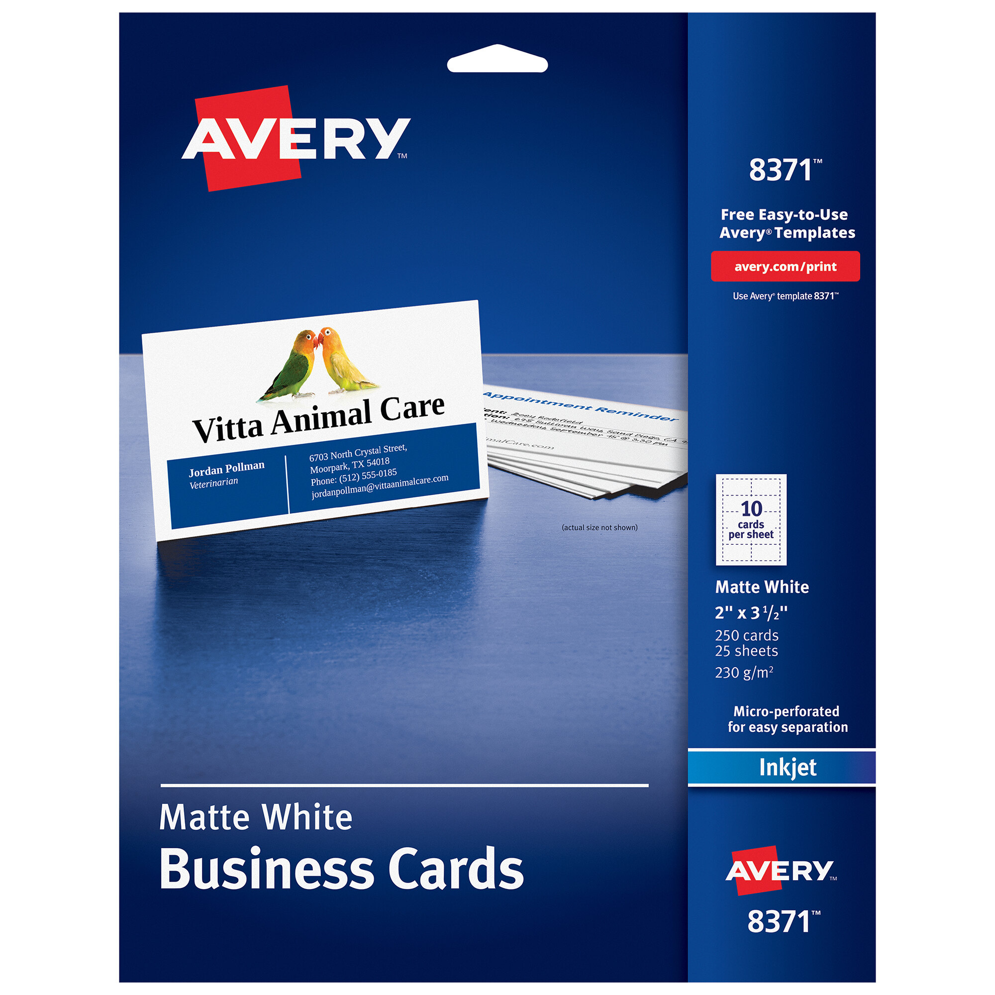 Avery 08371 2" x 3 1/2" Matte White Perforated TwoSided Business Card