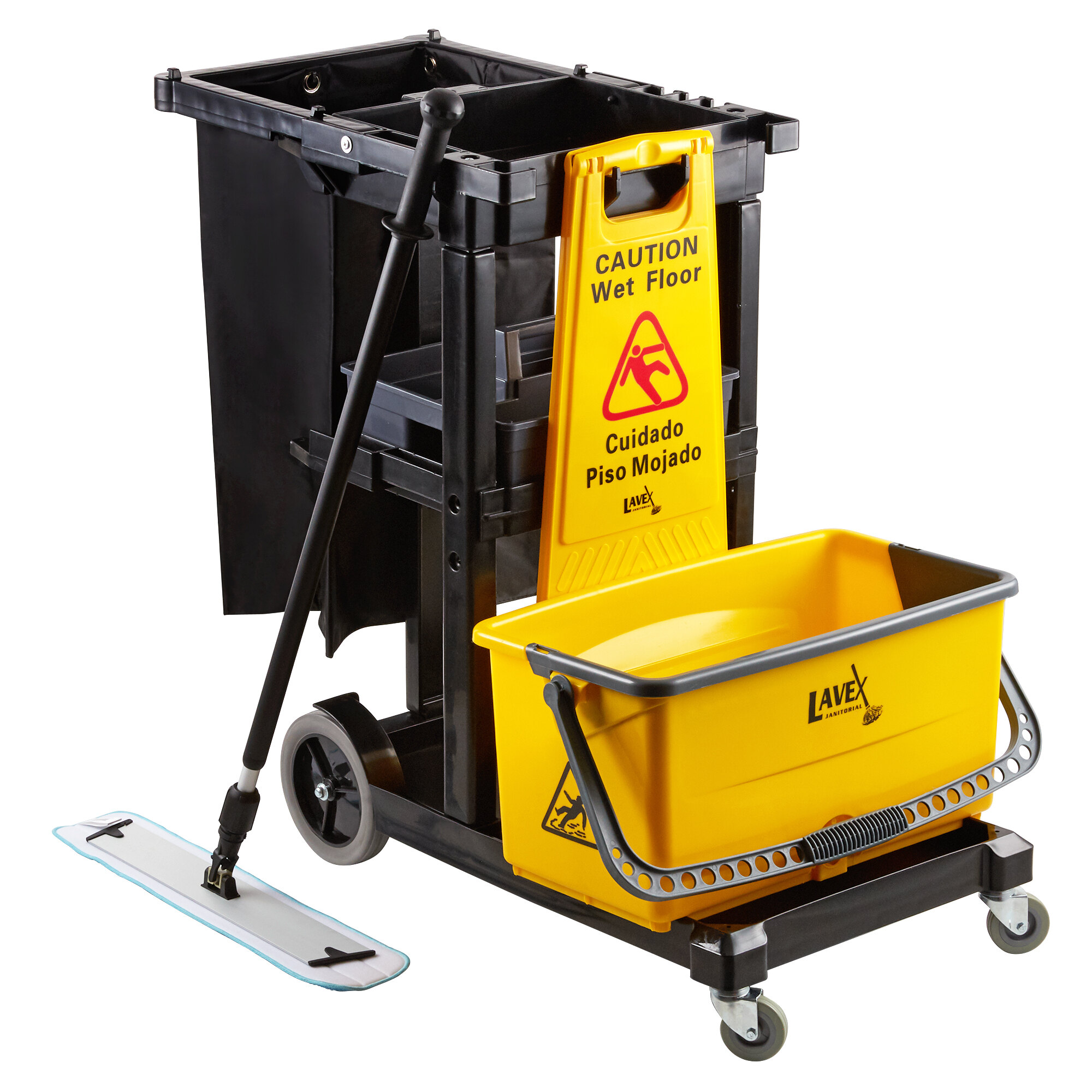 Lavex Janitorial Black Janitor Cart and Microfiber Wet Mop Kit