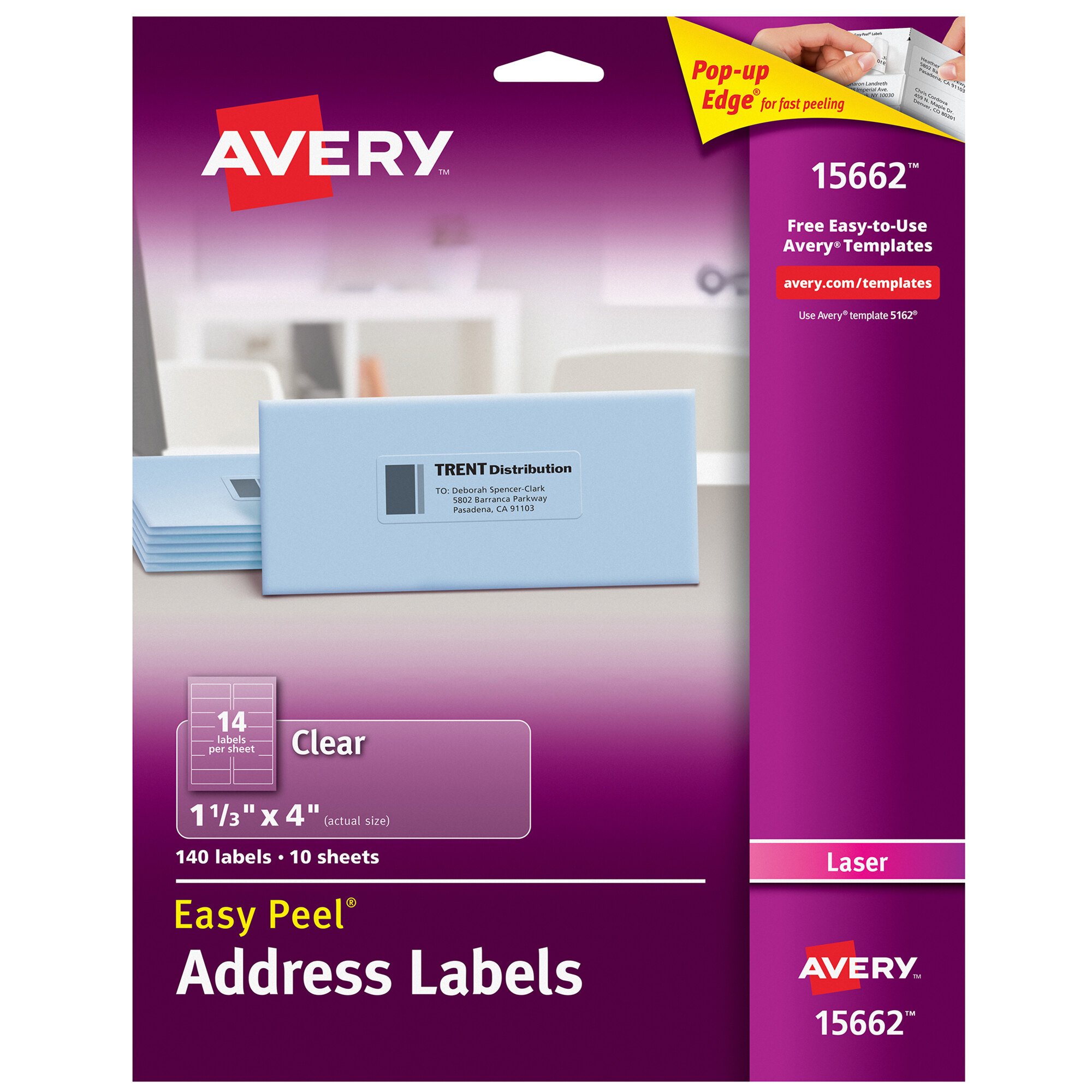 Avery 15662 Easy Peel 1 1/3" x 4" Clear Laser Printer Address Labels